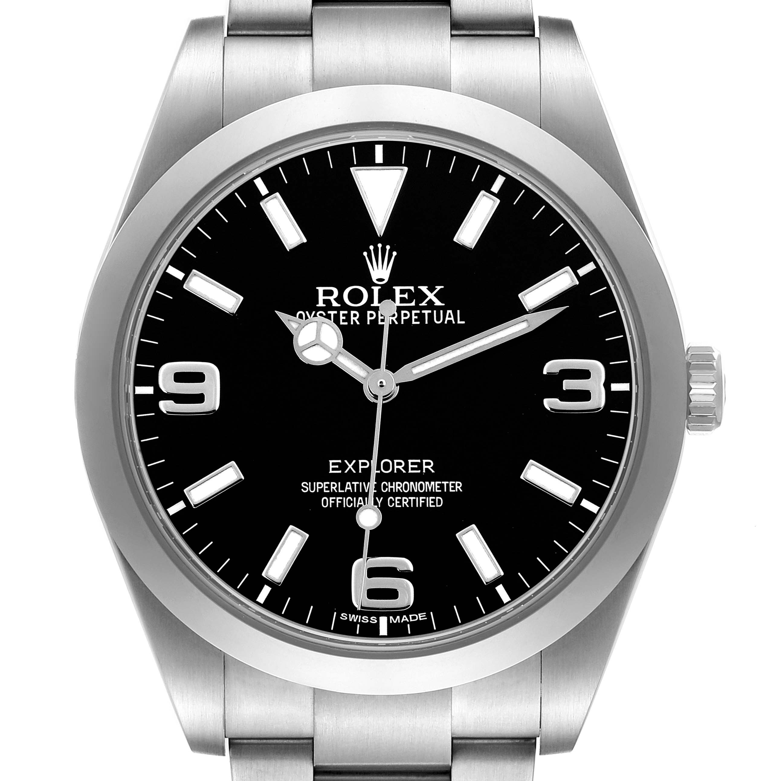 The image shows a front view of the Rolex Explorer 214270 Men
s Stainless Steel Black Dial, highlighting the dial, hands, and part of the bracelet.