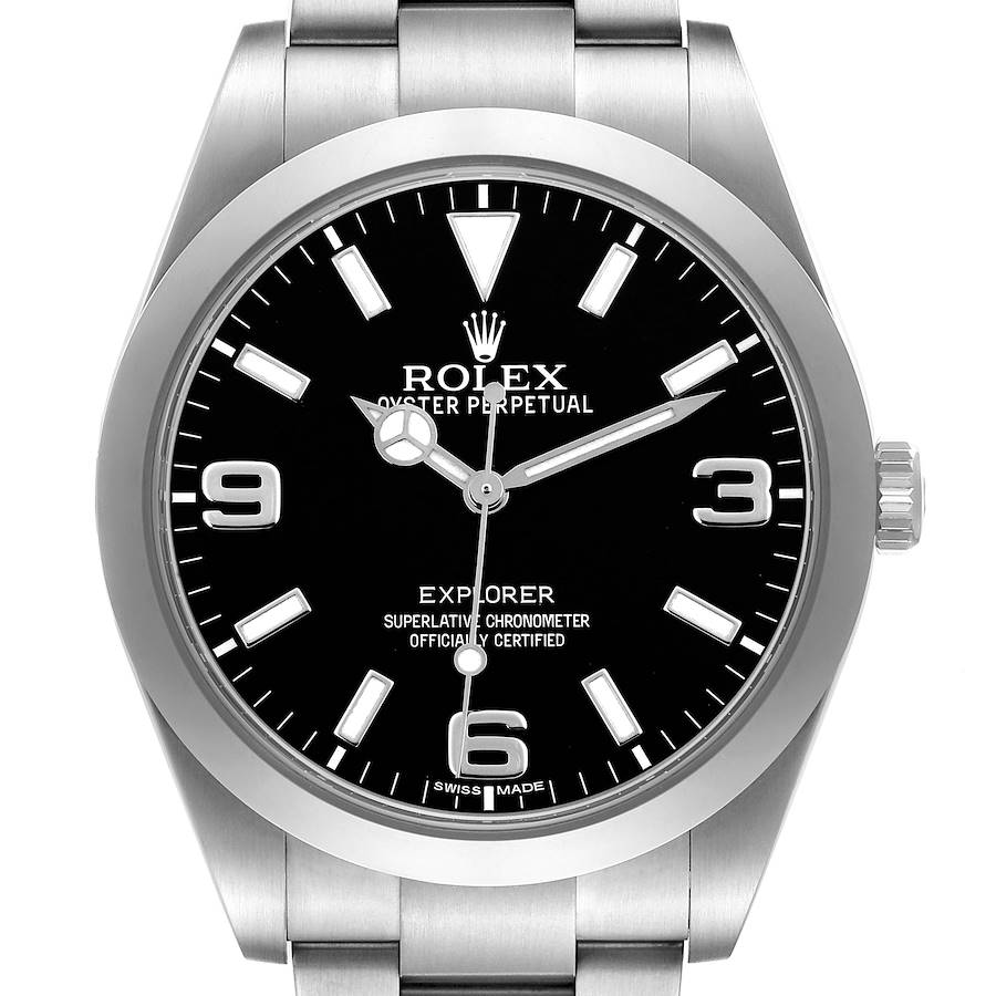 The image shows a front view of the Rolex Explorer 214270 Men's Stainless Steel Black Dial, highlighting the dial, hands, and part of the bracelet.