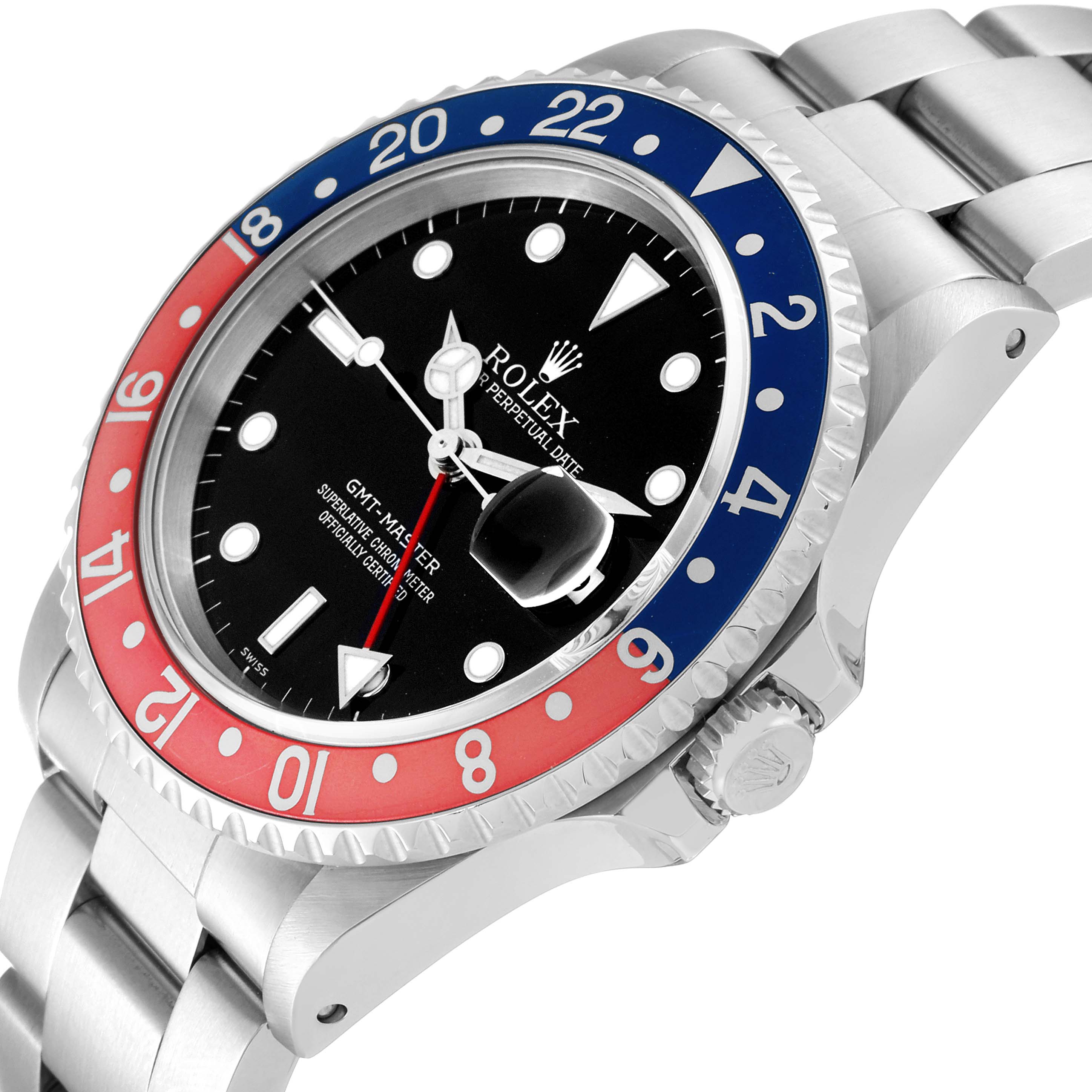 The Rolex GMT-Master 16700 Men's Stainless Steel Black Dial 16700 Men's Stainless Steel Black Dial features a close-up profile view, highlighting its bezel, dial, and part of the stainless steel bracelet.