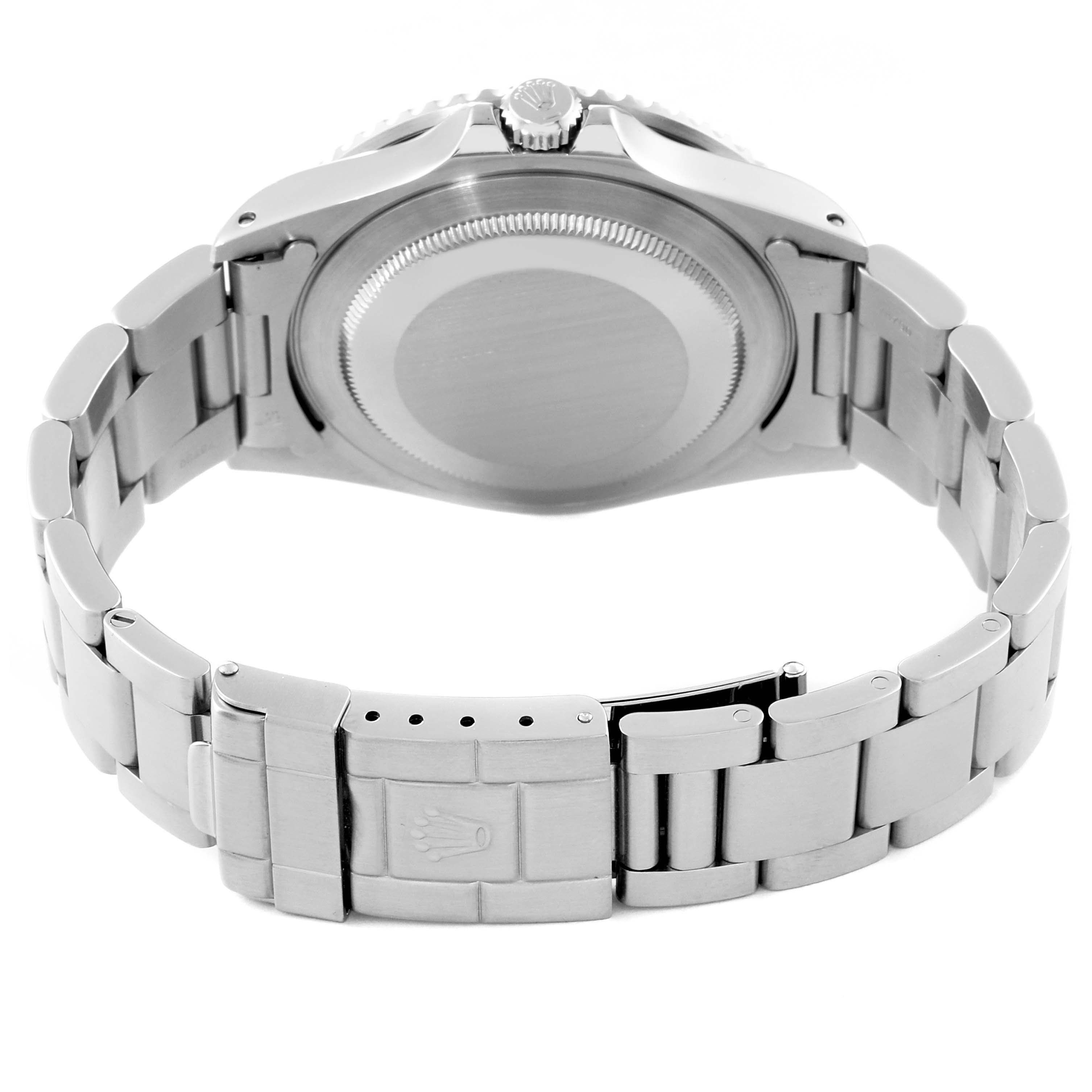 The image shows the back view of a Rolex GMT-Master 16700 Men's Stainless Steel Black Dial 16700 Men's Stainless Steel Black Dial watch, including the case back, crown, and bracelet with clasp.