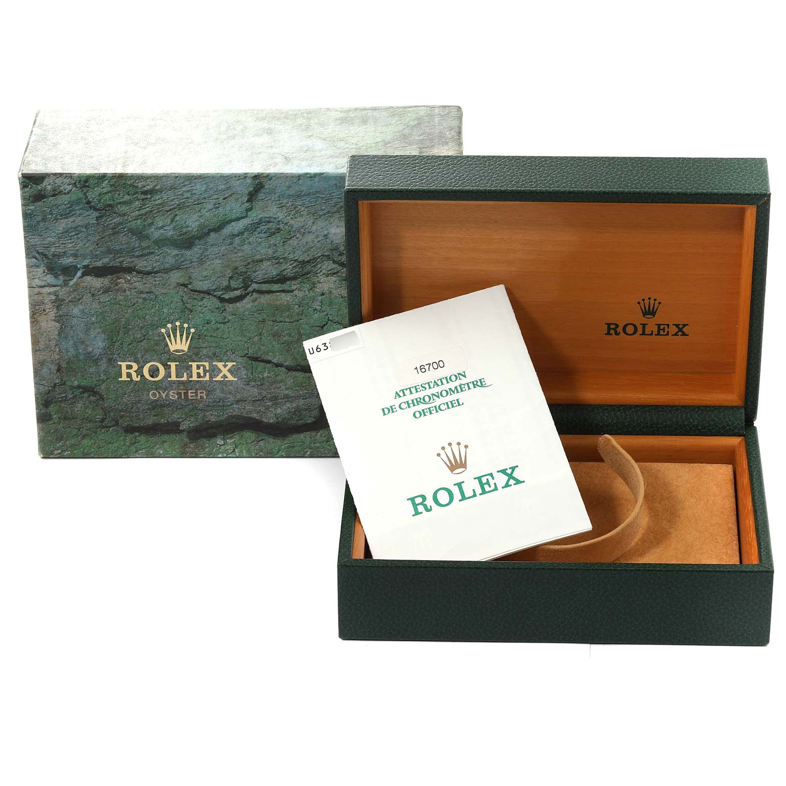 The image shows a Rolex GMT-Master 16700 Men's Stainless Steel Black Dial 16700 Men's Stainless Steel Black Dial watch box, outer box, and instructional booklet from an elevated front view.