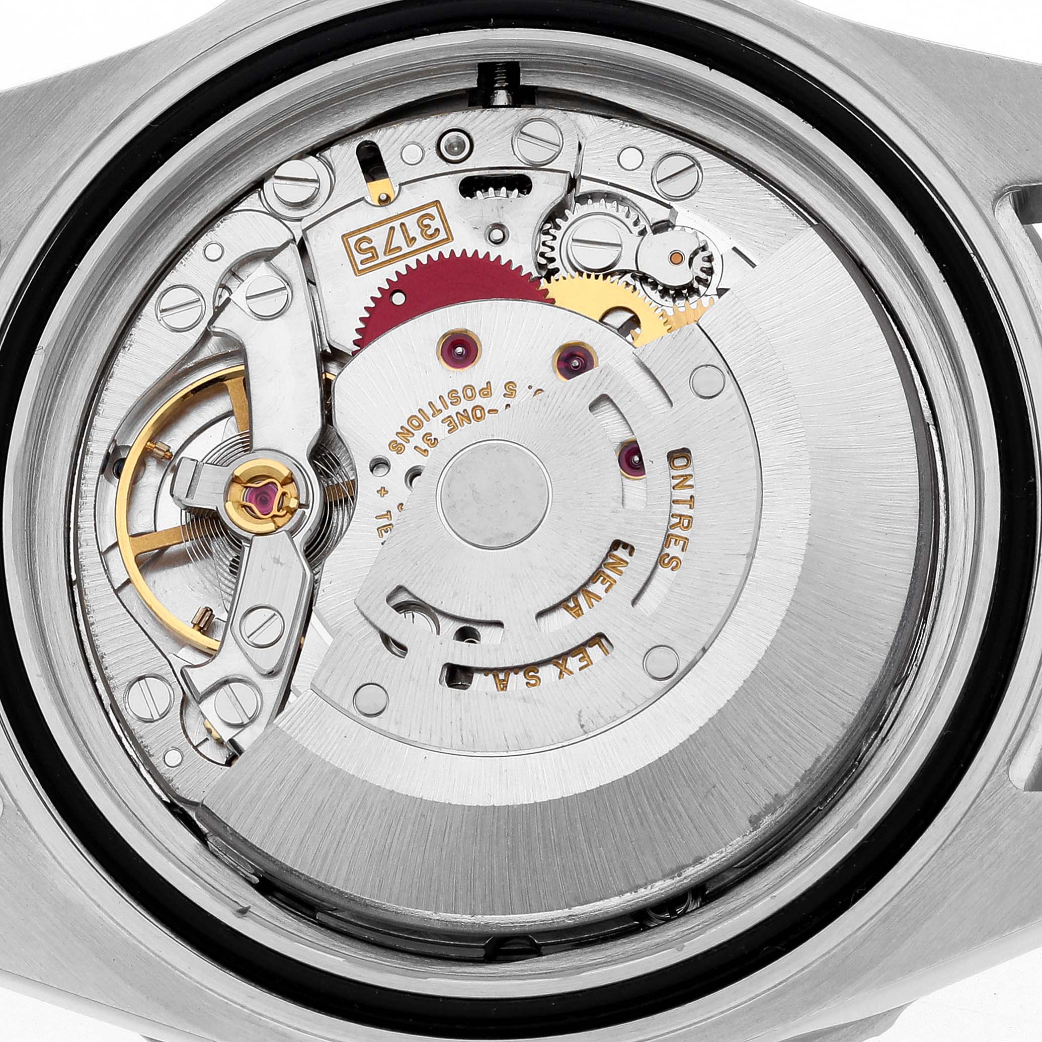 This image shows the intricate inner mechanical movement of a Rolex GMT-Master 16700 Men's Stainless Steel Black Dial 16700 Men's Stainless Steel Black Dial watch from a rear angle.