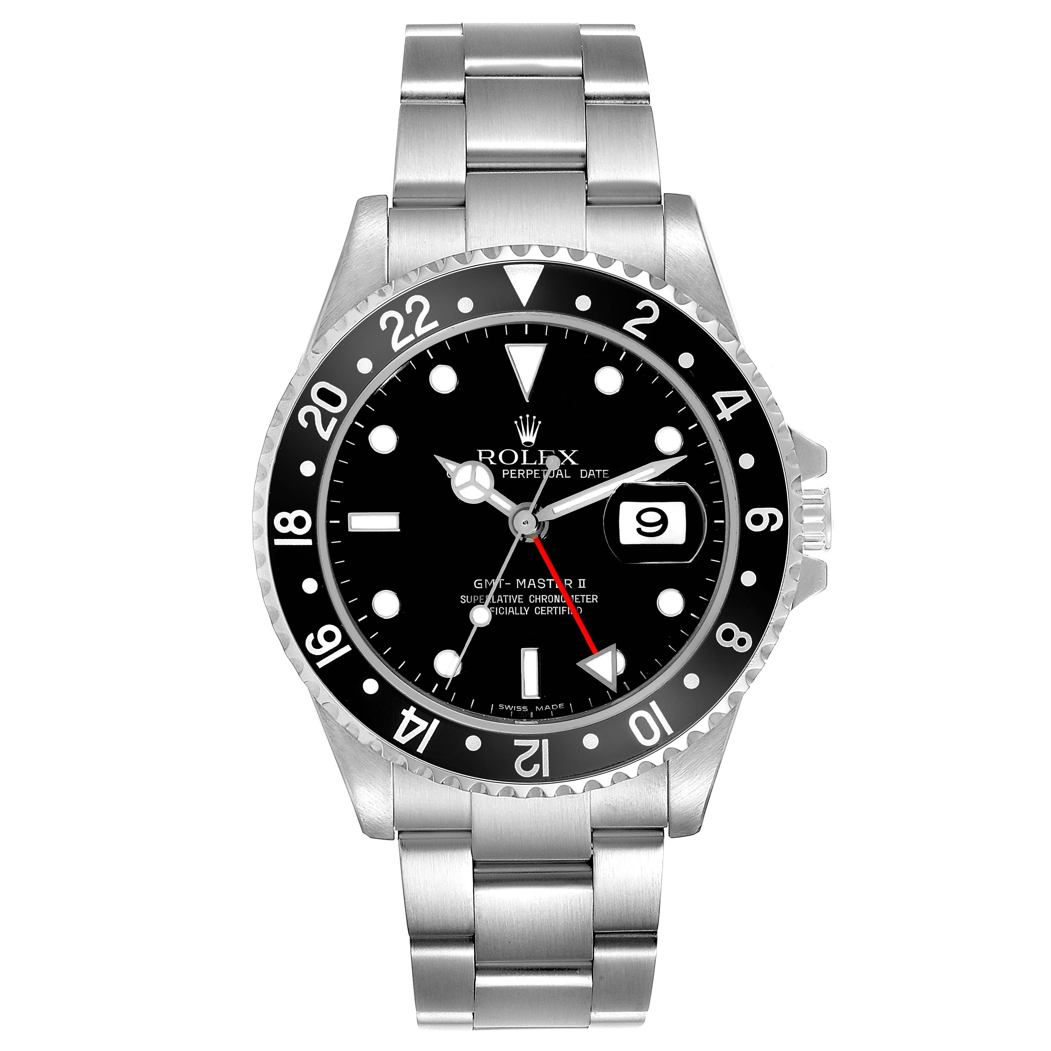 This image shows a front view of a Rolex GMT-Master 16710 Men's Stainless Steel Black Dial 16710 Men's Stainless Steel Black Dial II watch with a black bezel and dial, including the full bracelet.