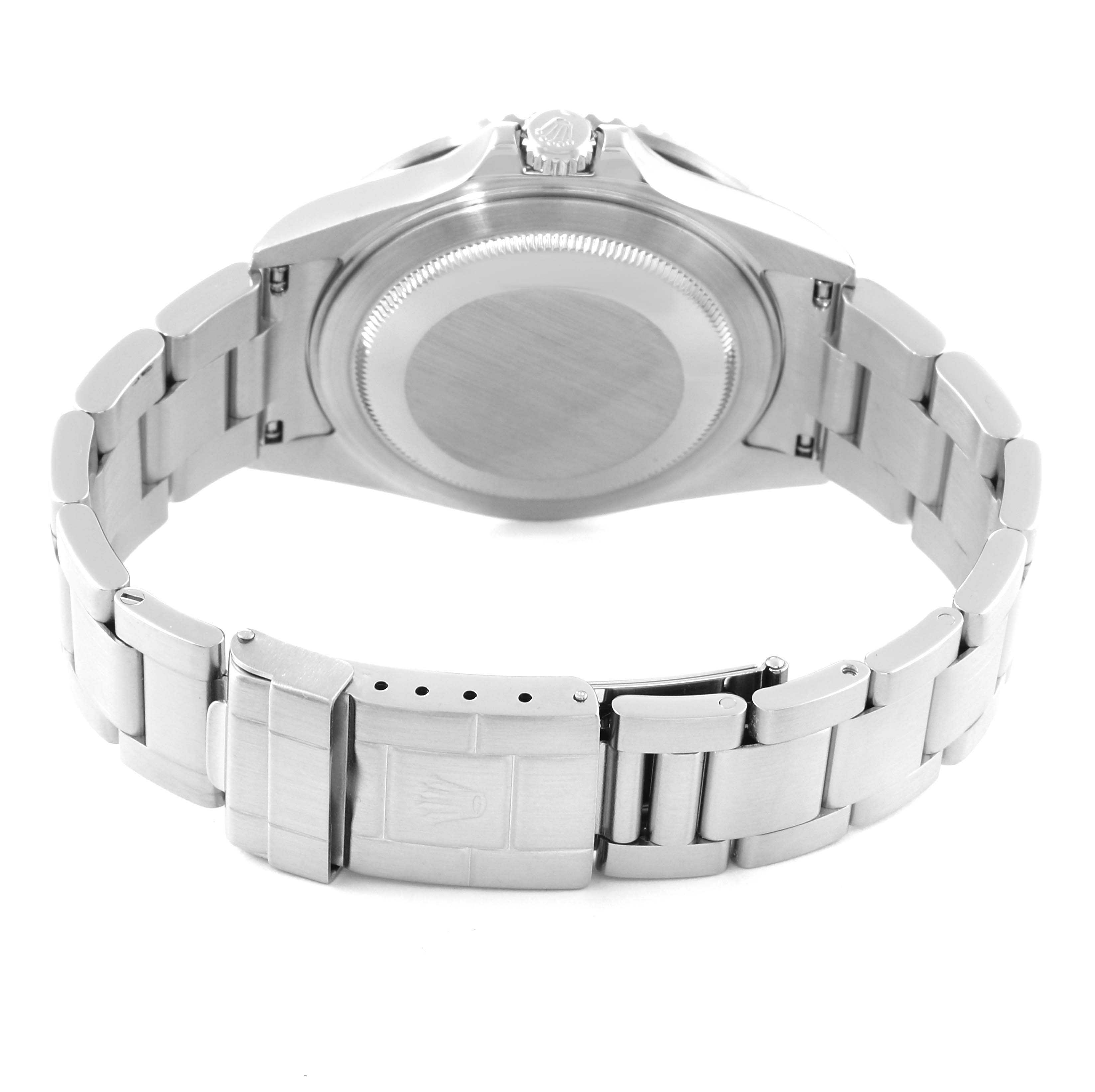 The image shows the back view of a Rolex GMT-Master 16710 Men's Stainless Steel Black Dial 16710 Men's Stainless Steel Black Dial watch, highlighting its case back, bracelet, and clasp.