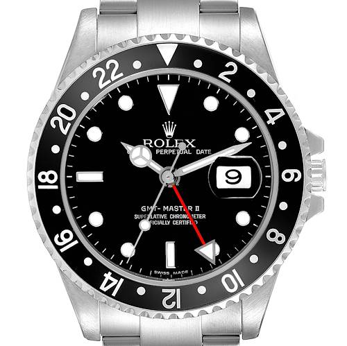 This image shows a frontal view of a Rolex GMT-Master II watch, highlighting the bezel, dial, hands, and date window.