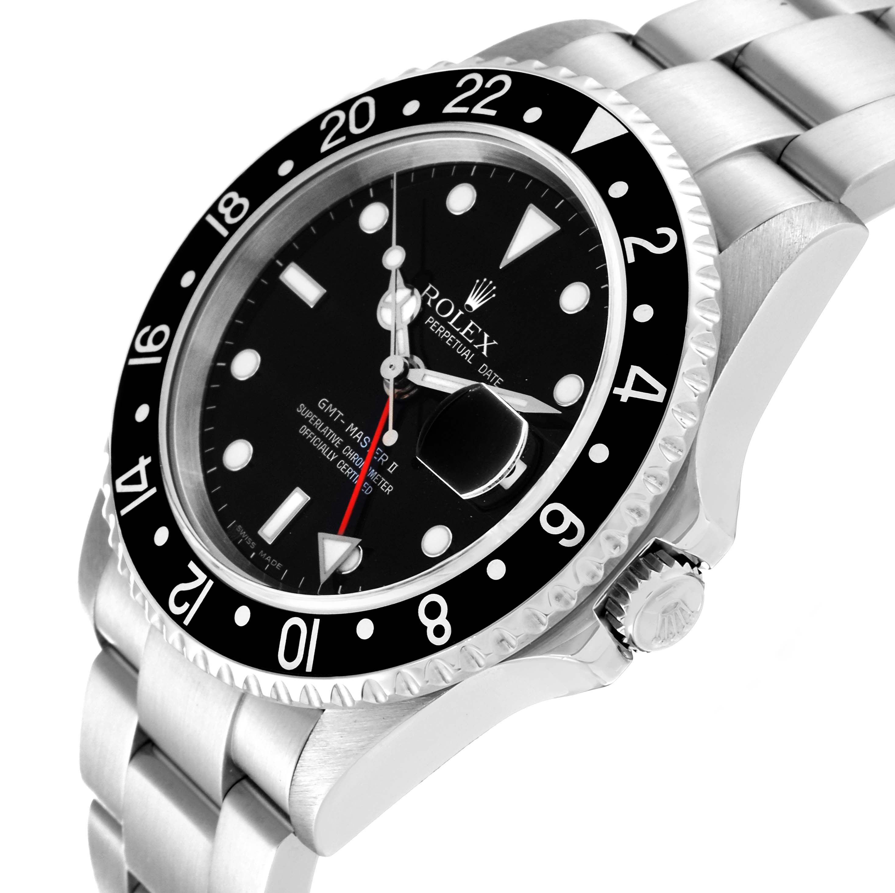 The image shows a close-up angle of the Rolex GMT-Master 16710 Men's Stainless Steel Black Dial 16710 Men's Stainless Steel Black Dial watch, highlighting the dial, bezel, crown, and part of the bracelet.