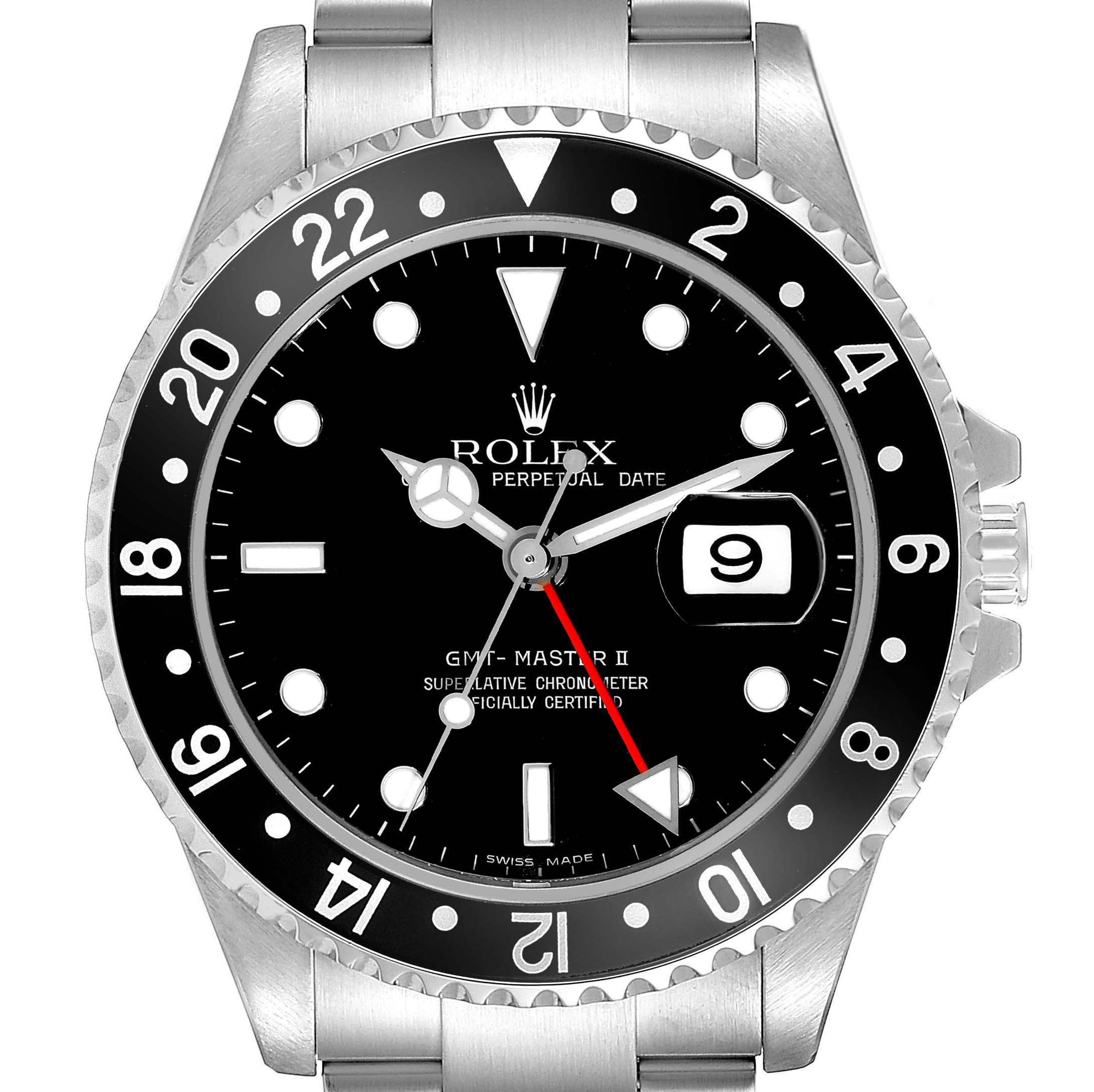 The image shows the front view of a Rolex GMT-Master 16710 Men's Stainless Steel Black Dial 16710 Men's Stainless Steel Black Dial II watch, highlighting the dial, bezel, and bracelet.