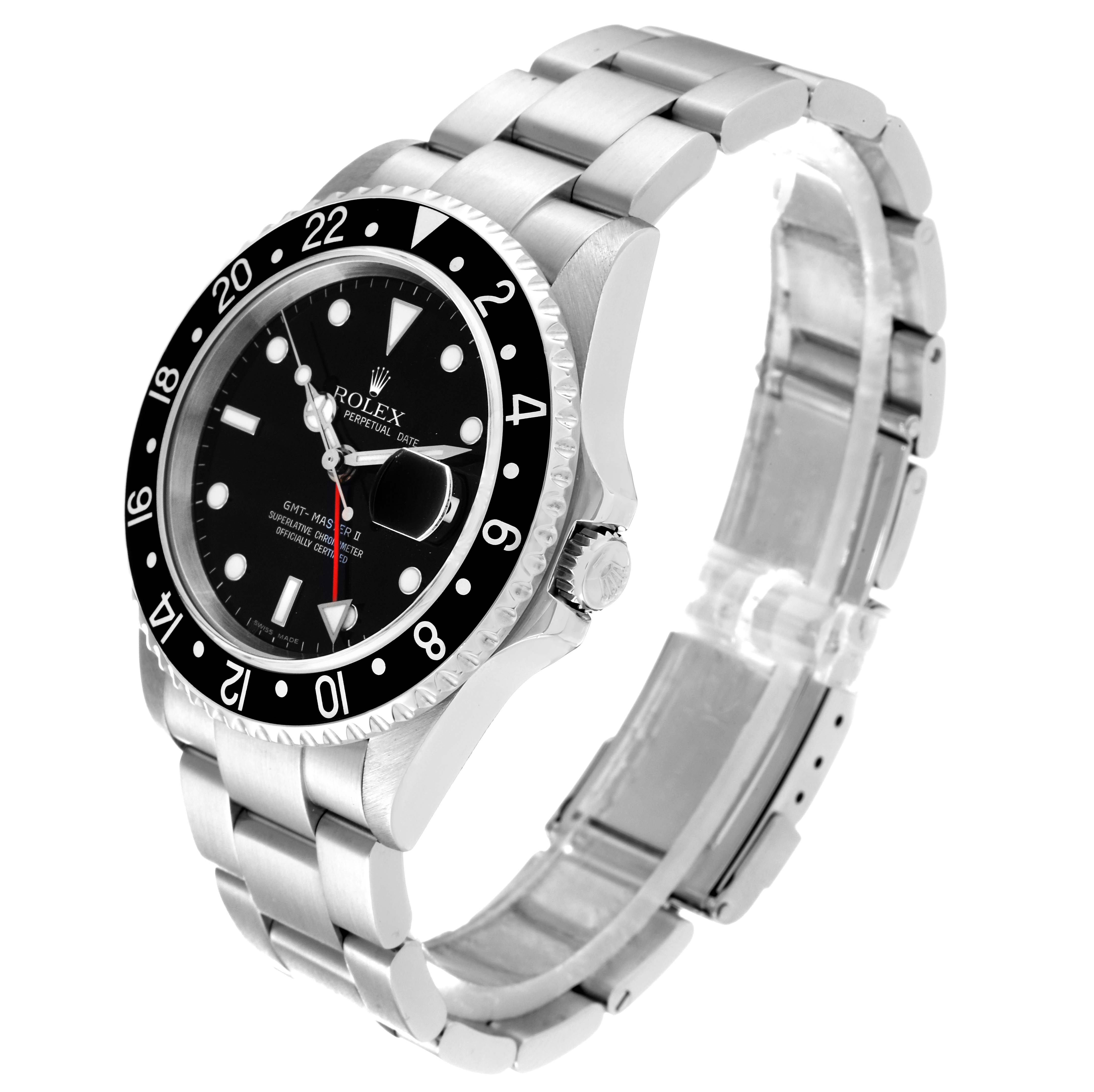 This Rolex GMT-Master 16710 Men's Stainless Steel Black Dial 16710 Men's Stainless Steel Black Dial watch is shown at a three-quarter angle highlighting its face, bezel, and bracelet.