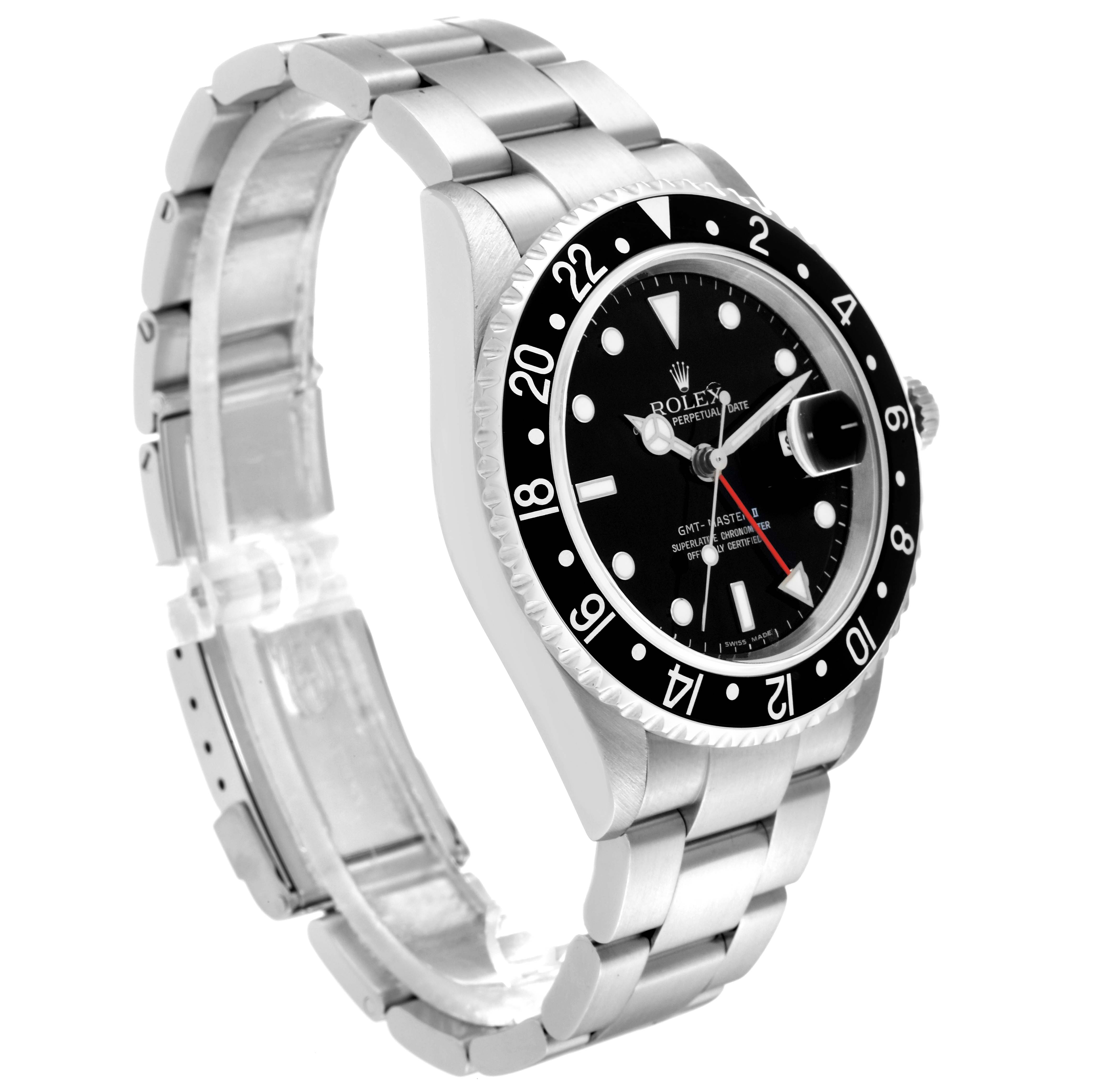 The Rolex GMT-Master 16710 Men's Stainless Steel Black Dial 16710 Men's Stainless Steel Black Dial watch is shown from a front three-quarter angle, displaying the face, bezel, and part of the bracelet.