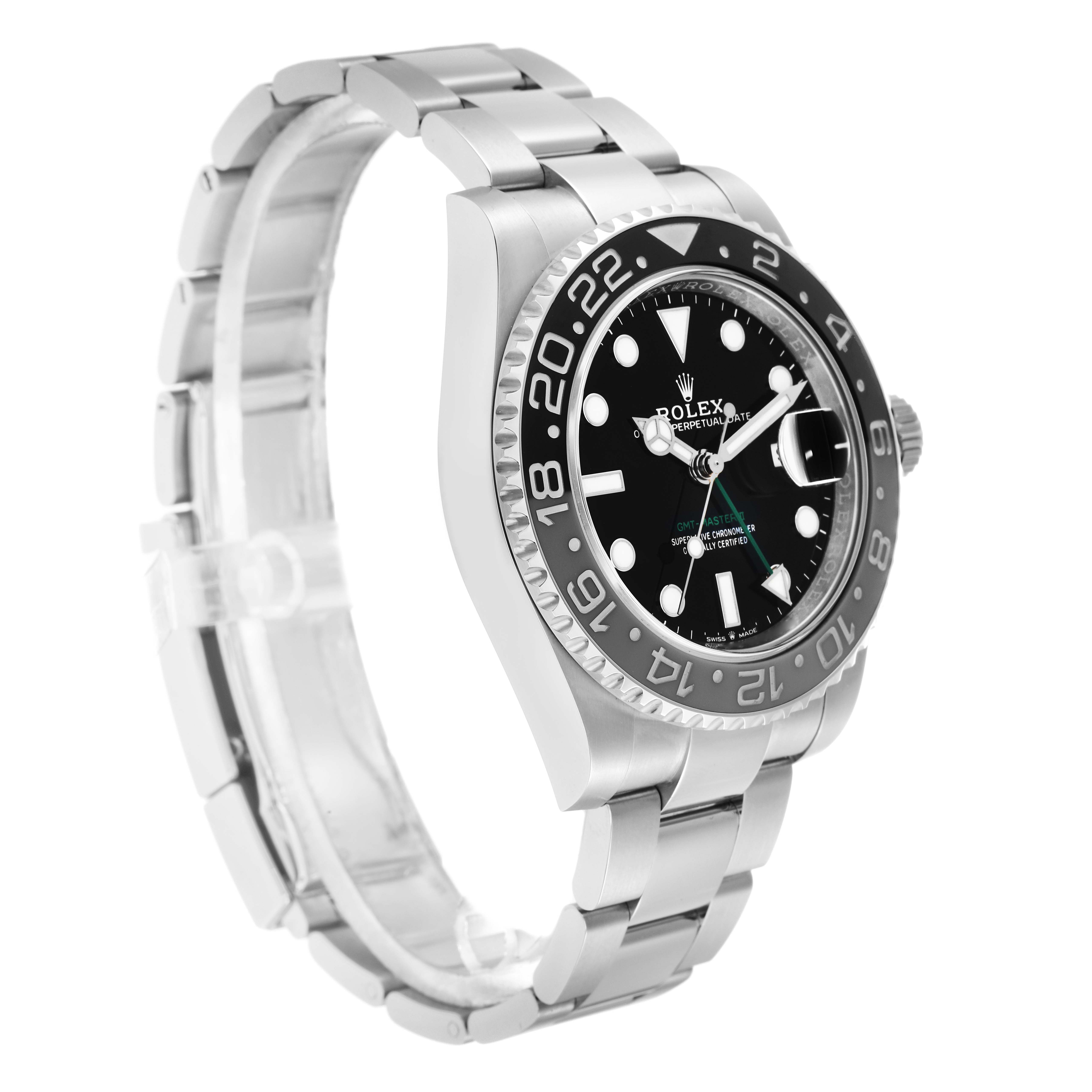 The Rolex GMT-Master 126710 Men
s Stainless Steel Black Dial watch is shown at an angled side view, displaying the bezel, face, and part of the bracelet.