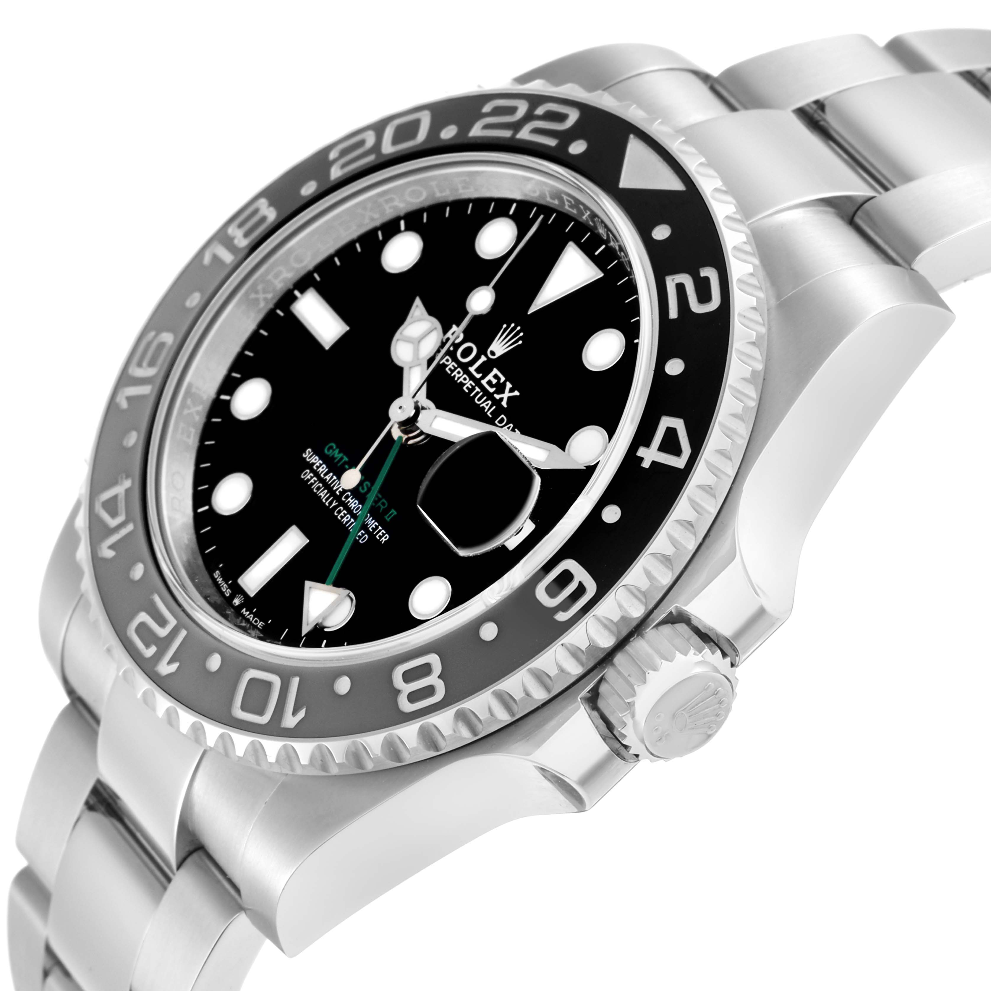 The Rolex GMT-Master 126710 Men
s Stainless Steel Black Dial watch is shown at a three-quarter angle, highlighting the bezel, dial, and bracelet.