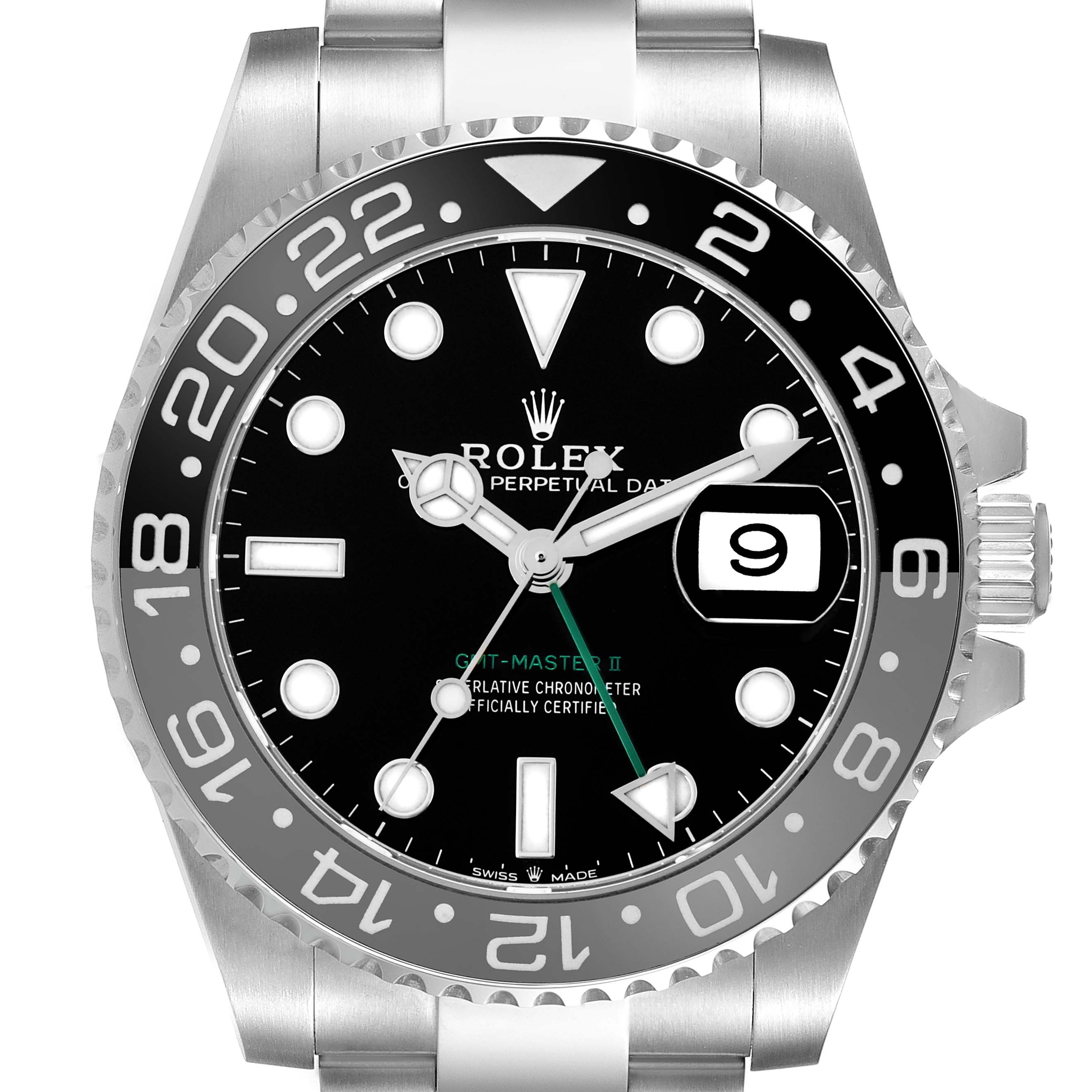 The image shows a front view of a Rolex GMT-Master 126710 Men
s Stainless Steel Black Dial II, displaying its bezel, dial, and date window.