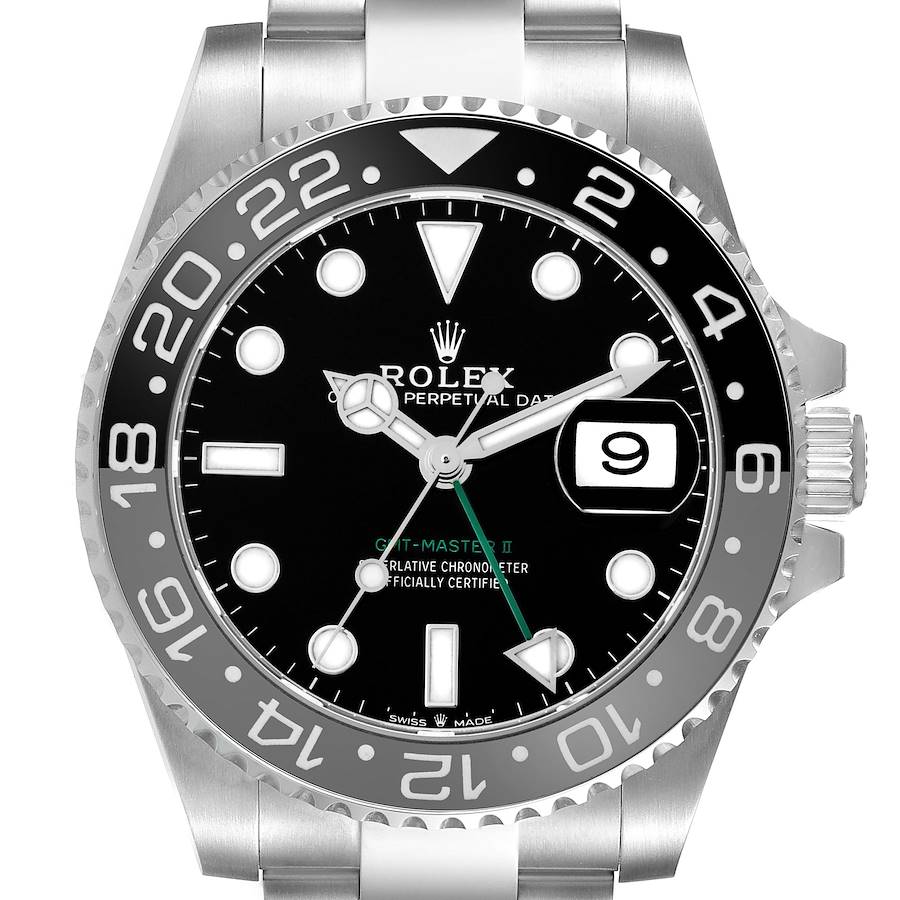 The image shows a front view of a Rolex GMT-Master 126710 Men's Stainless Steel Black Dial II, displaying its bezel, dial, and date window.