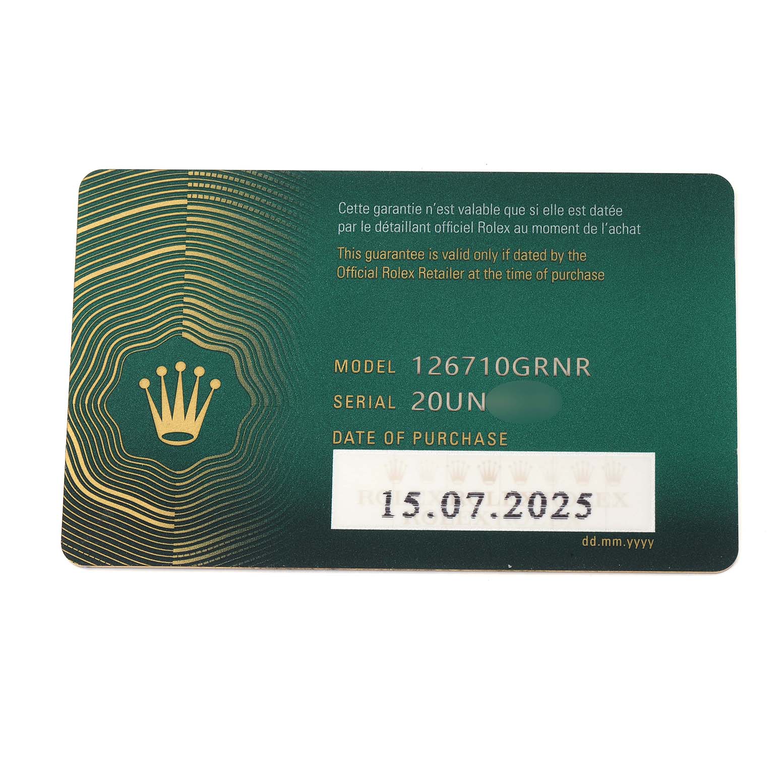 The image shows a warranty card for the Rolex GMT-Master 126710 Men
s Stainless Steel Black Dial model, displaying the model and serial number.