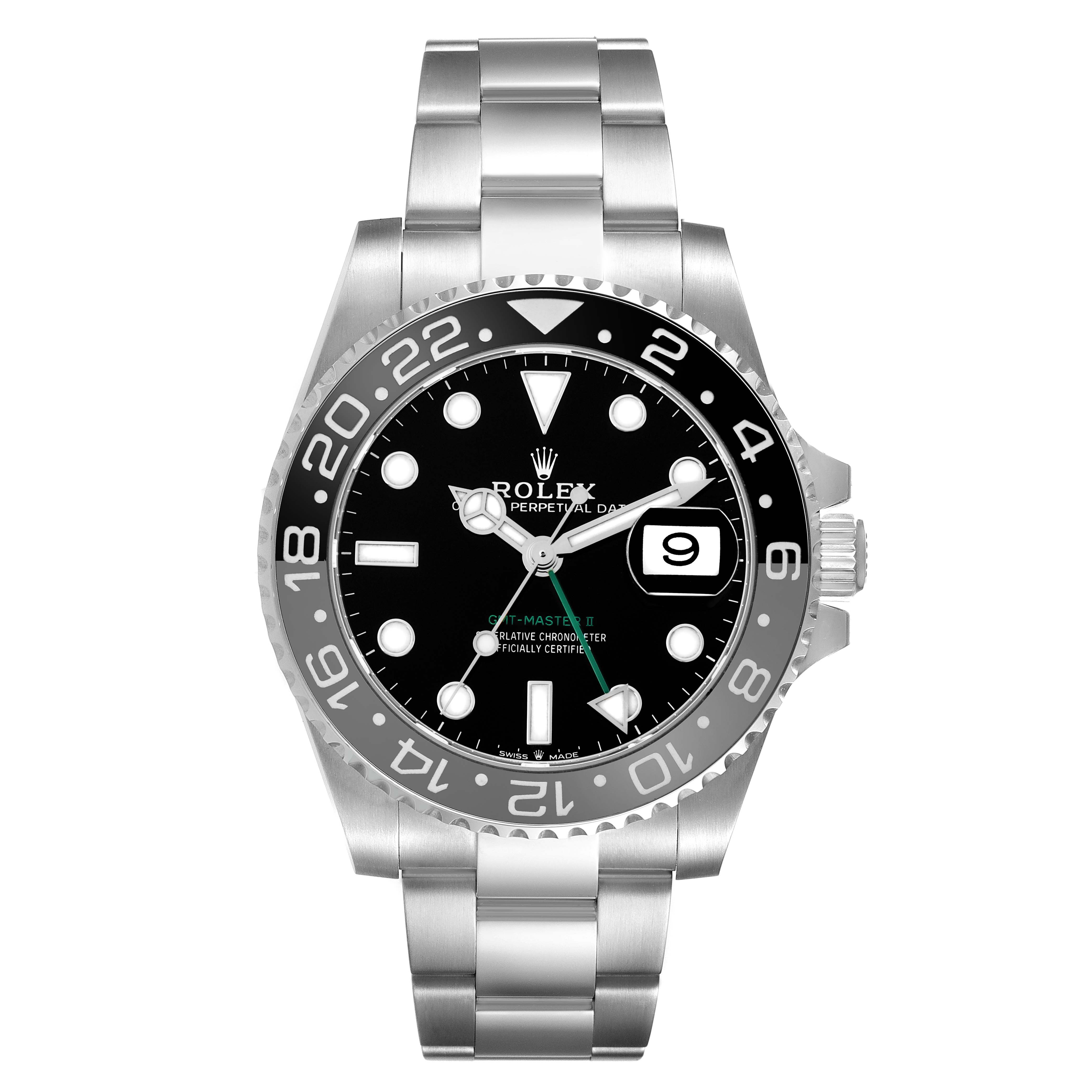 The Rolex GMT-Master 126710 Men
s Stainless Steel Black Dial watch is shown from a front view, displaying the face, bezel, bracelet, and crown.