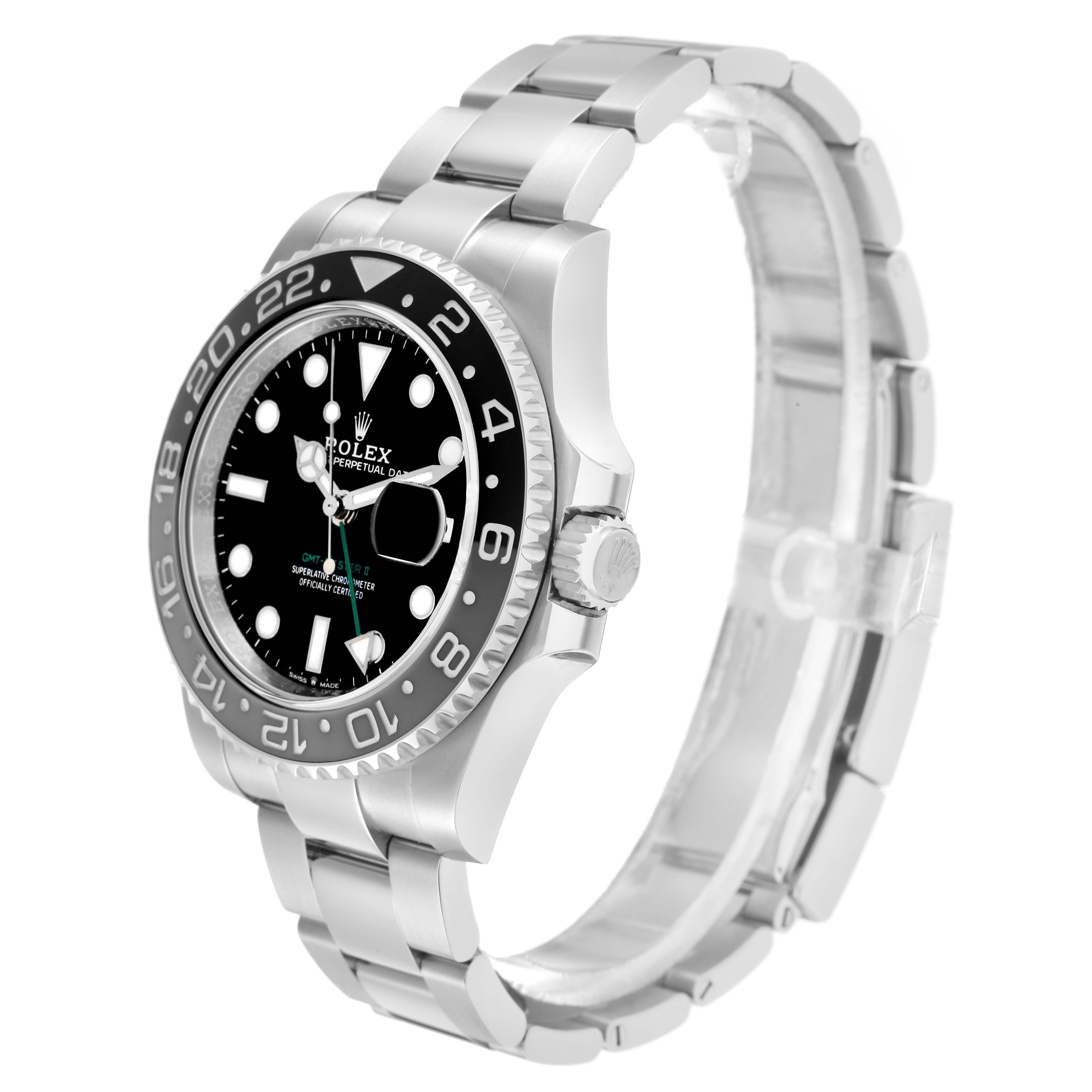 The Rolex GMT-Master 126710 Men
s Stainless Steel Black Dial watch is shown at a three-quarter angle, highlighting the bezel, face, crown, and part of the bracelet.