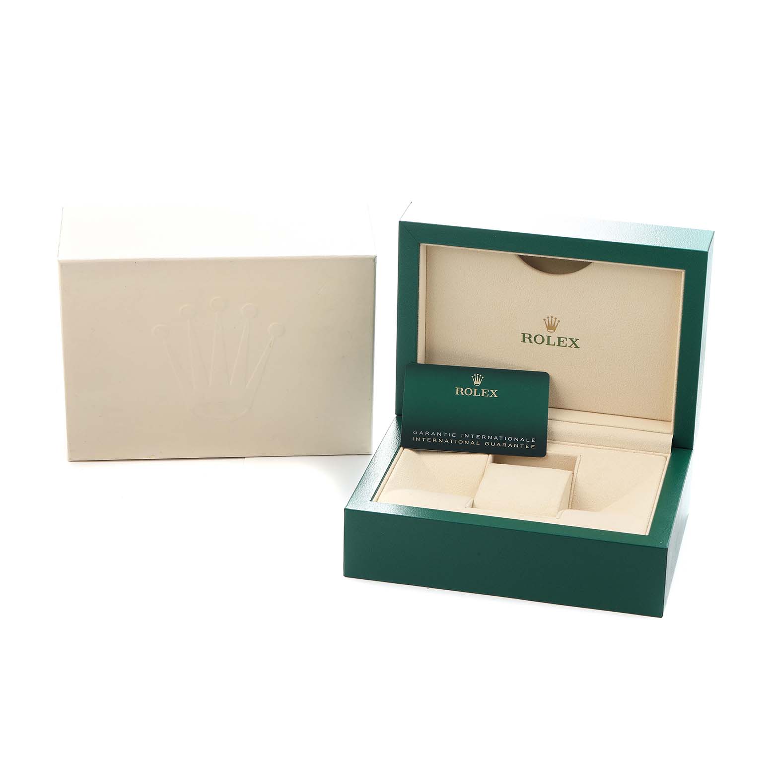 The image shows an open Rolex GMT-Master 126710 Men
s Stainless Steel Black Dial box with a guarantee card and an outer box beside it.