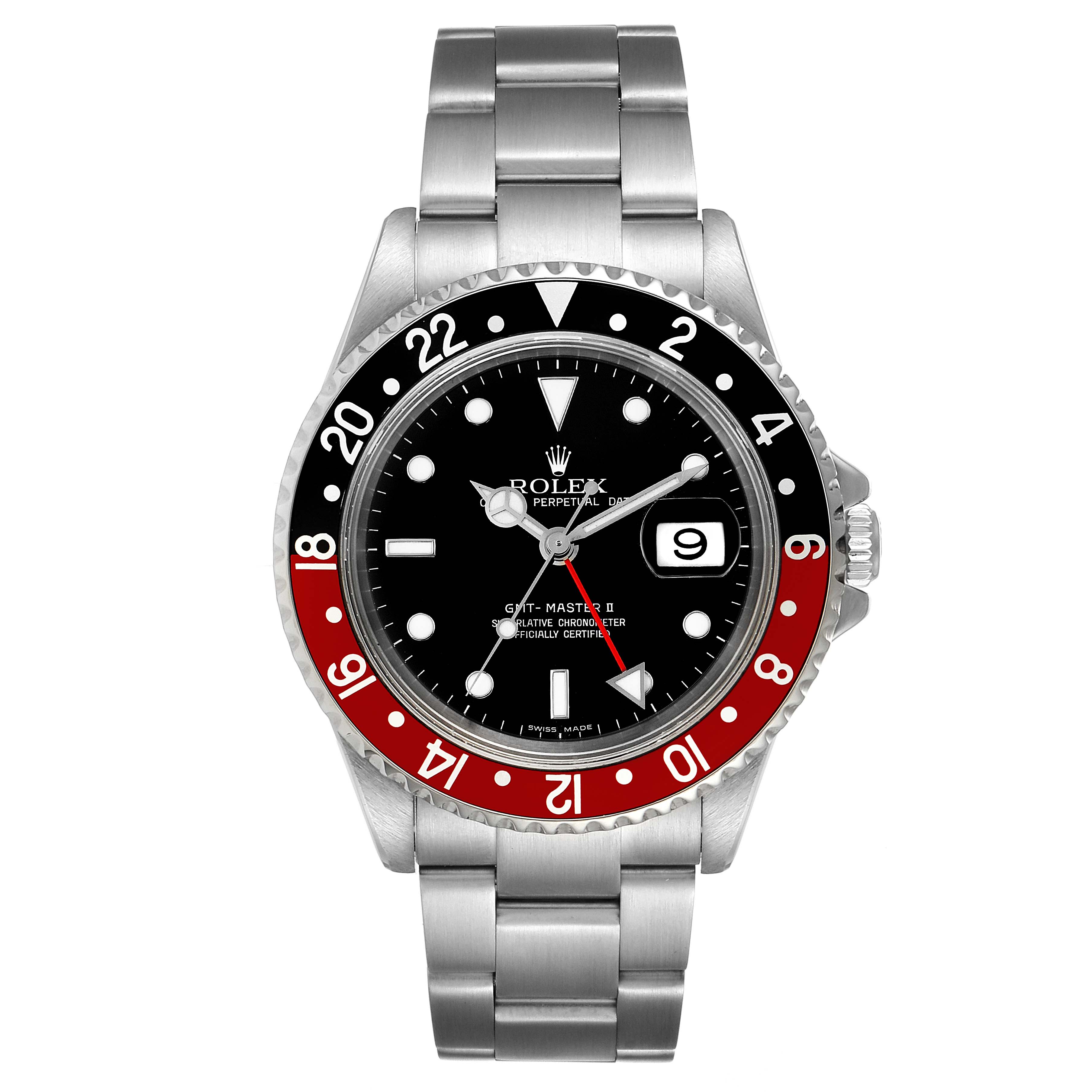 This image shows a front view of a Rolex GMT-Master 16710 Men
s Stainless Steel Black Dial 16710 Men
s Stainless Steel Black Dial watch, displaying the dial, bezel, crown, and bracelet.