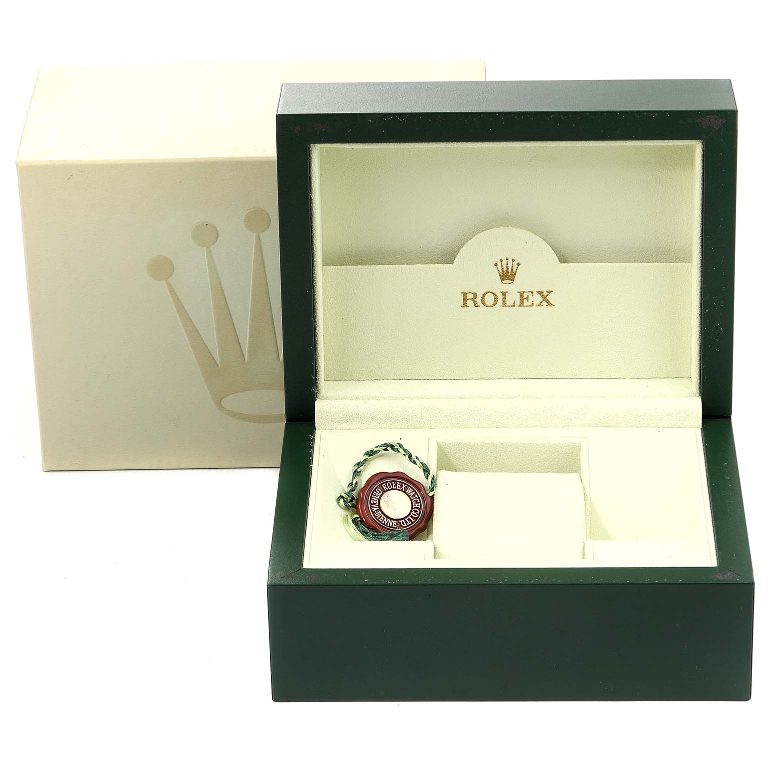 The image shows an open Rolex GMT-Master 16710 Men
s Stainless Steel Black Dial 16710 Men
s Stainless Steel Black Dial watch box with the green and red seal, and an outer cream-colored box.