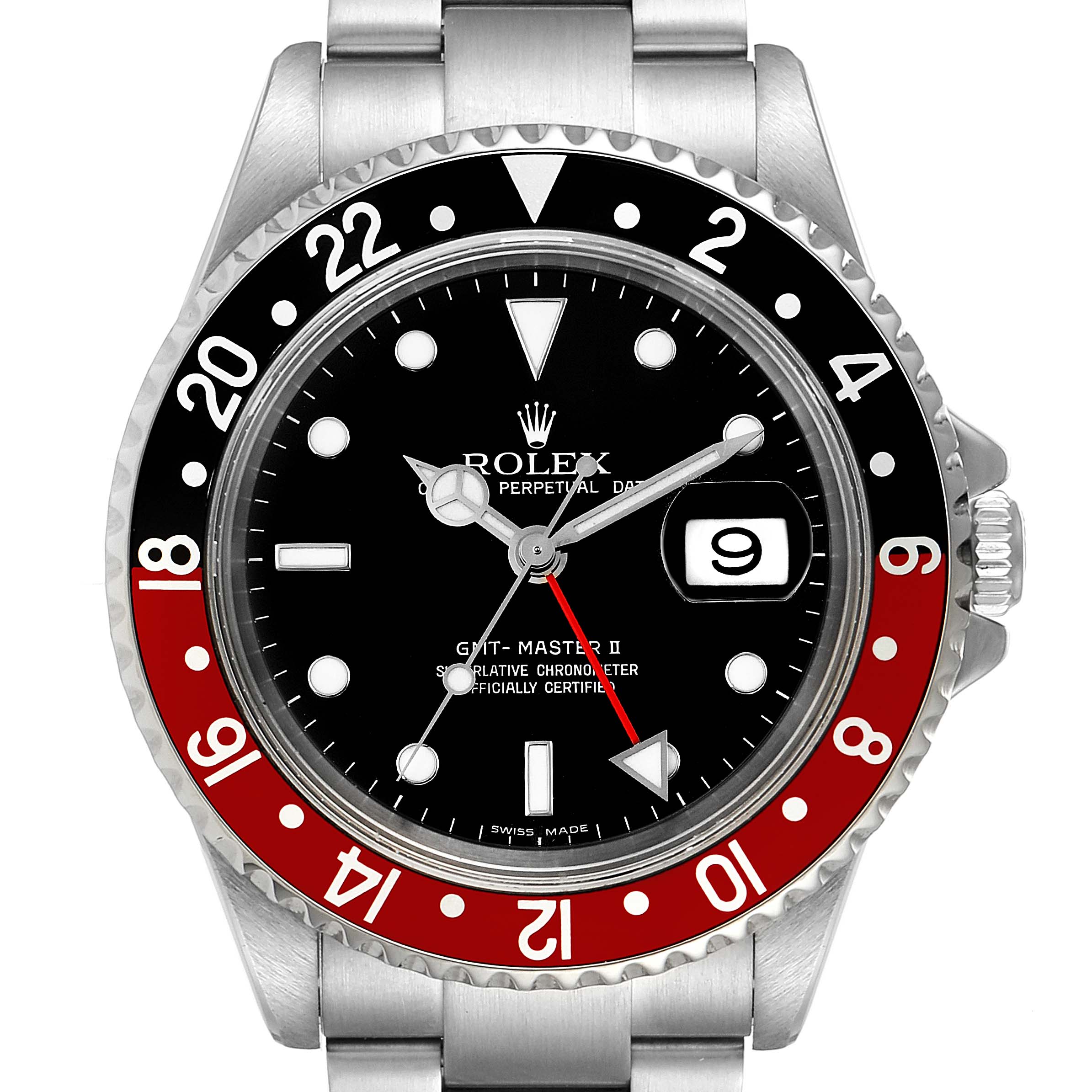 This Rolex GMT-Master 16710 Men
s Stainless Steel Black Dial 16710 Men
s Stainless Steel Black Dial model watch is shown from the front, highlighting its dial, bezel, and bracelet.
