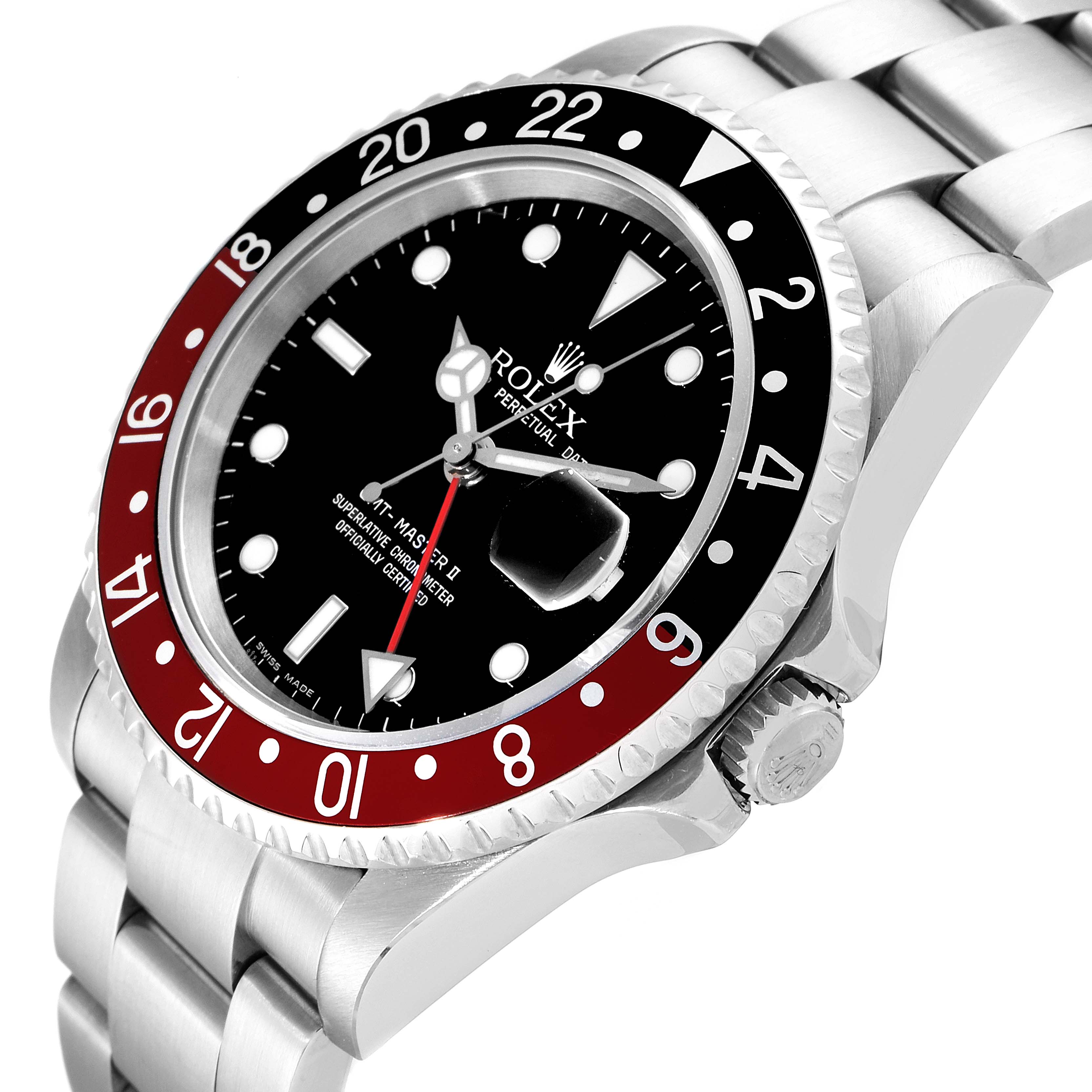 This image shows a close-up, angled view of a Rolex GMT-Master 16710 Men
s Stainless Steel Black Dial 16710 Men
s Stainless Steel Black Dial watch, highlighting the face, bezel, crown, and bracelet.