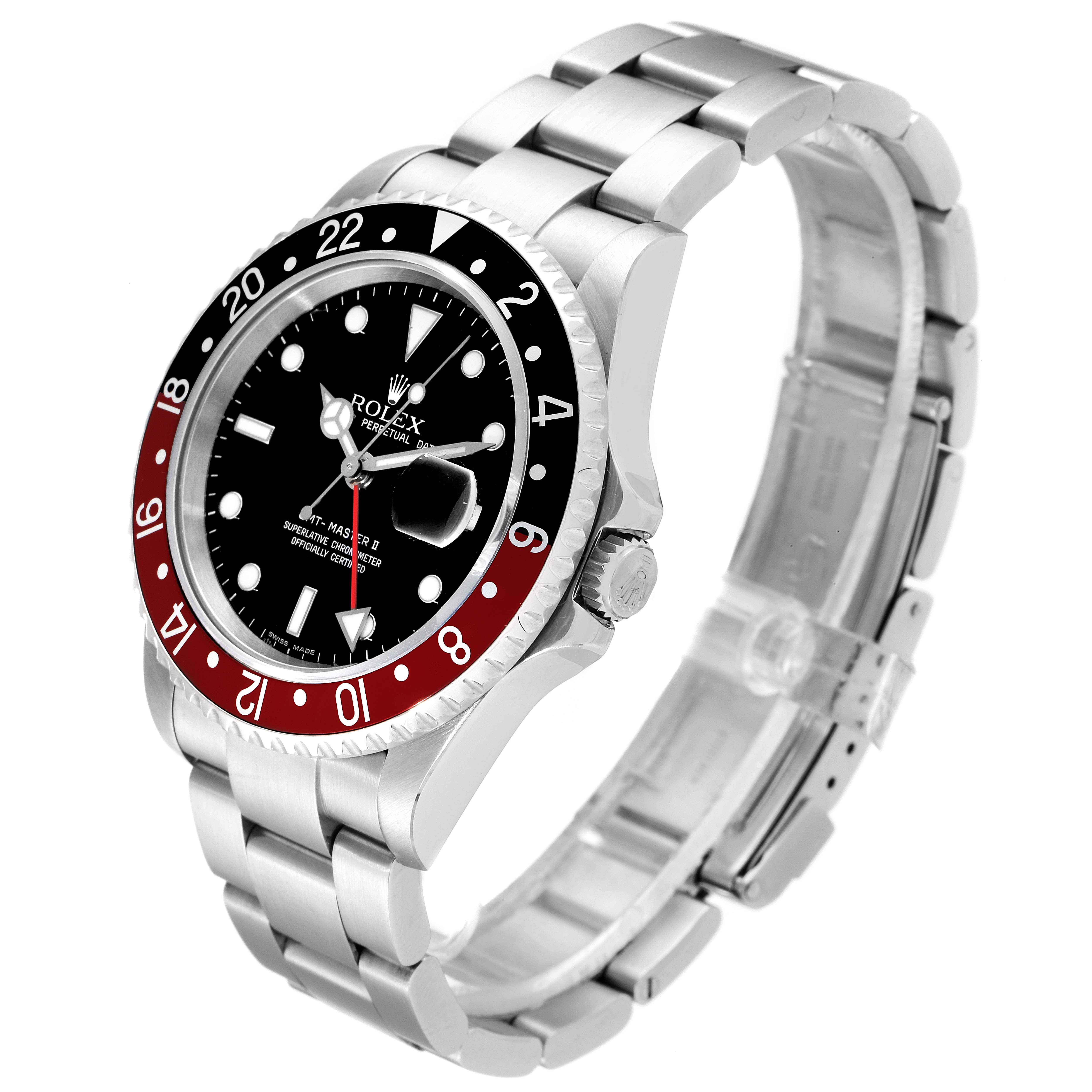 The Rolex GMT-Master 16710 Men
s Stainless Steel Black Dial 16710 Men
s Stainless Steel Black Dial watch is shown at a slight angle, highlighting the face, bezel, crown, and stainless steel bracelet.