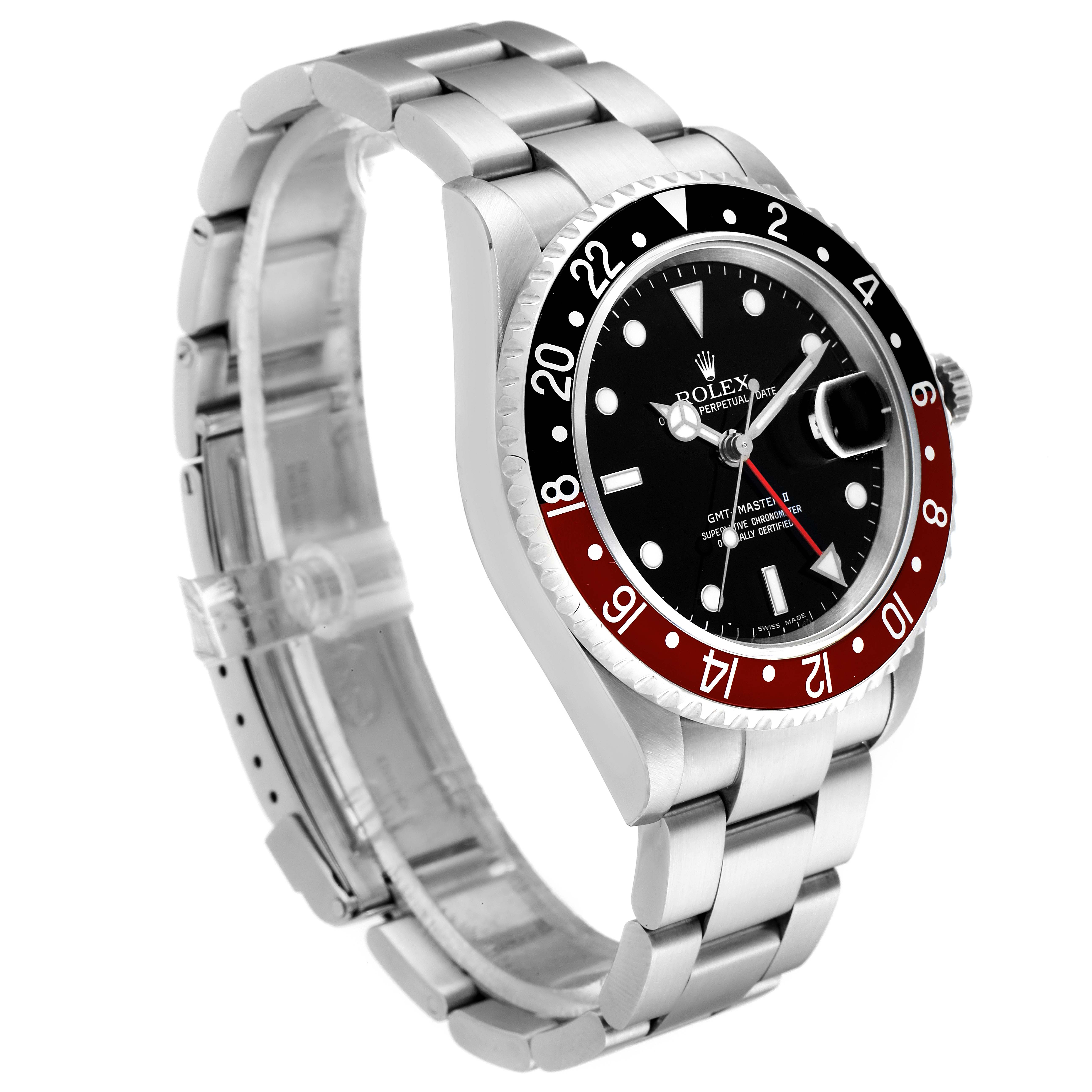 The image displays a Rolex GMT-Master 16710 Men
s Stainless Steel Black Dial 16710 Men
s Stainless Steel Black Dial watch at an angled side view, highlighting the bezel, dial, bracelet, and crown.