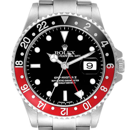 This image shows a front view of the Rolex GMT-Master II, highlighting the dial, bezel, date function at 3 o'clock, and bracelet.