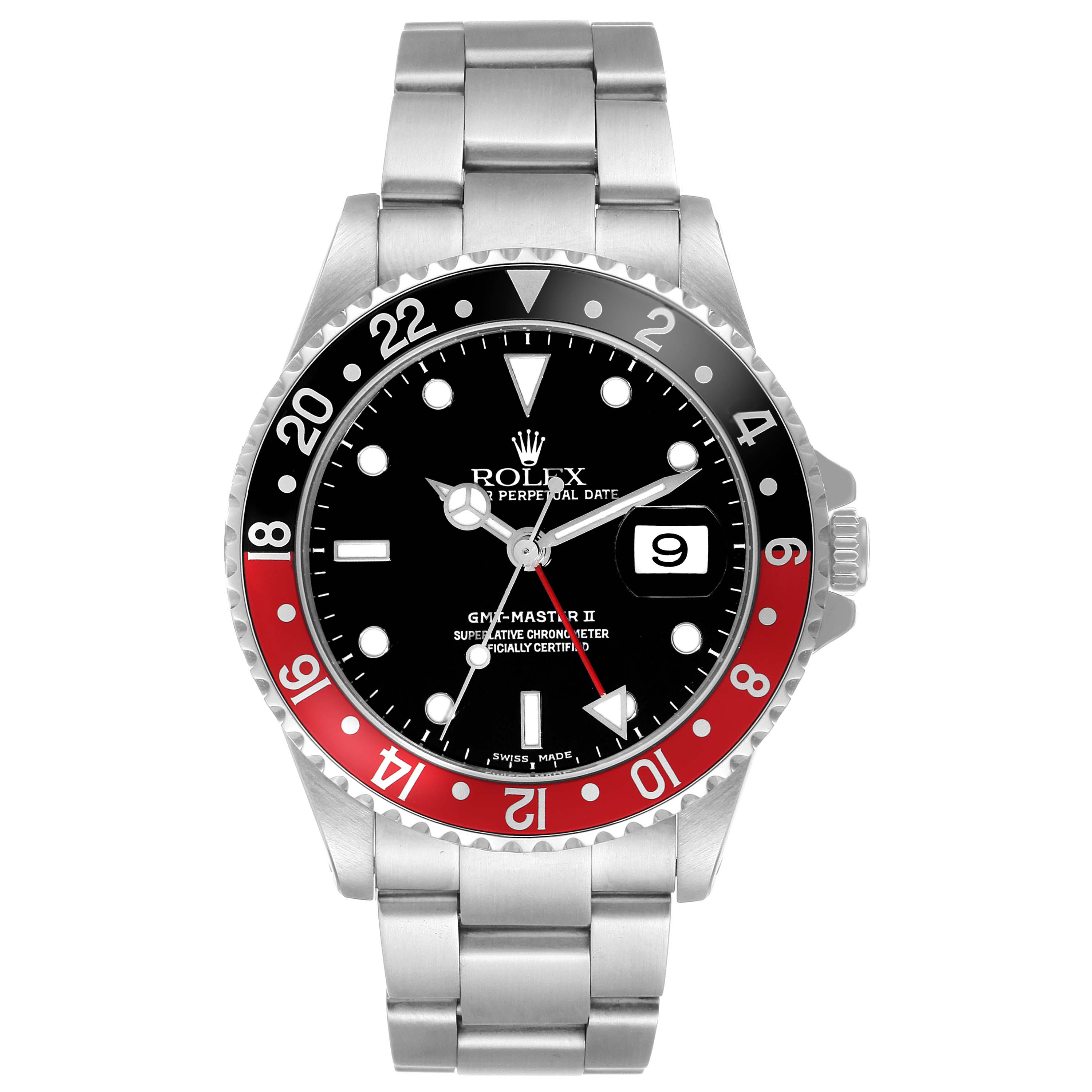 The Rolex GMT-Master 16710 Men
s Stainless Steel Black Dial 16710 Men
s Stainless Steel Black Dial II watch is shown from a front angle, displaying its face, bezel, hands, and bracelet.