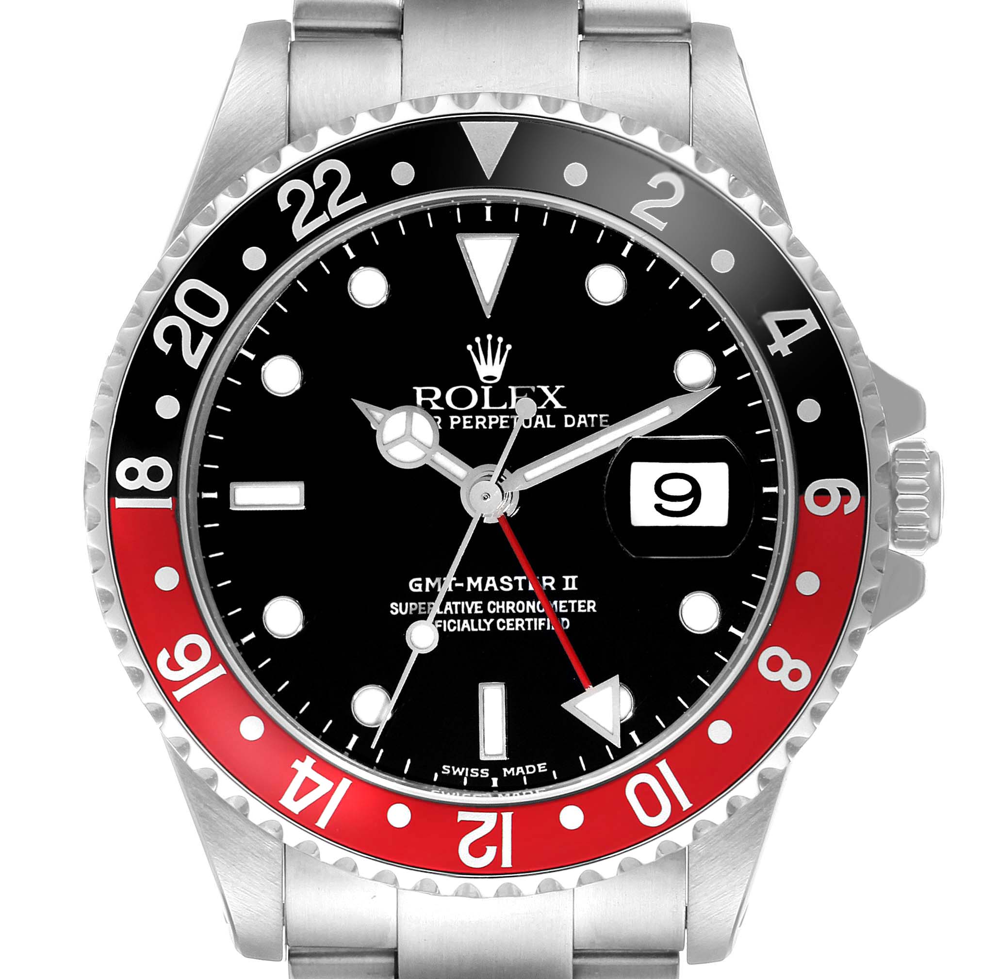 This is a top view of the Rolex GMT-Master 16710 Men
s Stainless Steel Black Dial 16710 Men
s Stainless Steel Black Dial II, showing the watch face, bezel, crown, and part of the bracelet.
