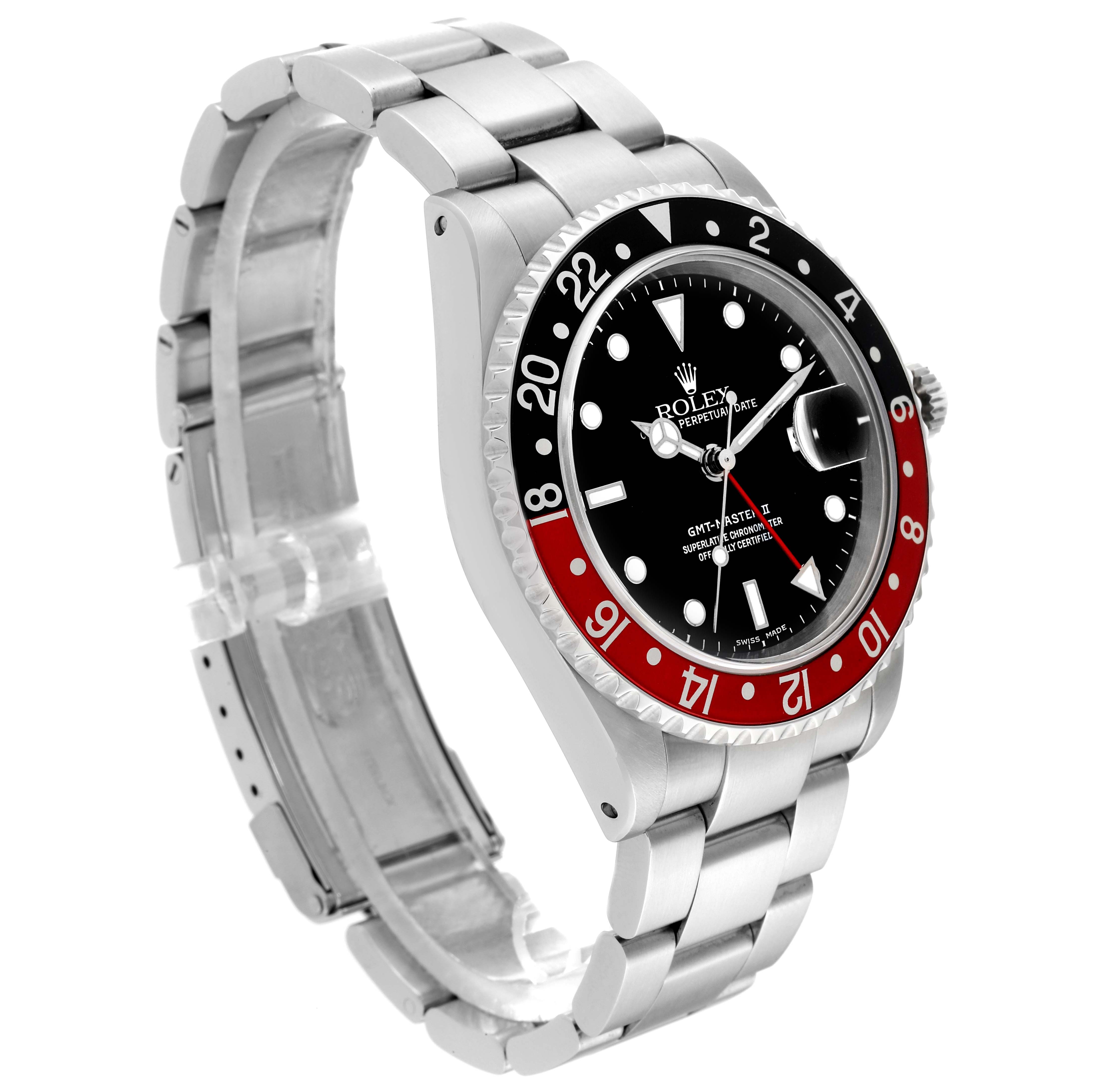 This Rolex GMT-Master 16710 Men
s Stainless Steel Black Dial 16710 Men
s Stainless Steel Black Dial watch is displayed at a slight angle, showing its black and red bezel, black dial, and silver bracelet.