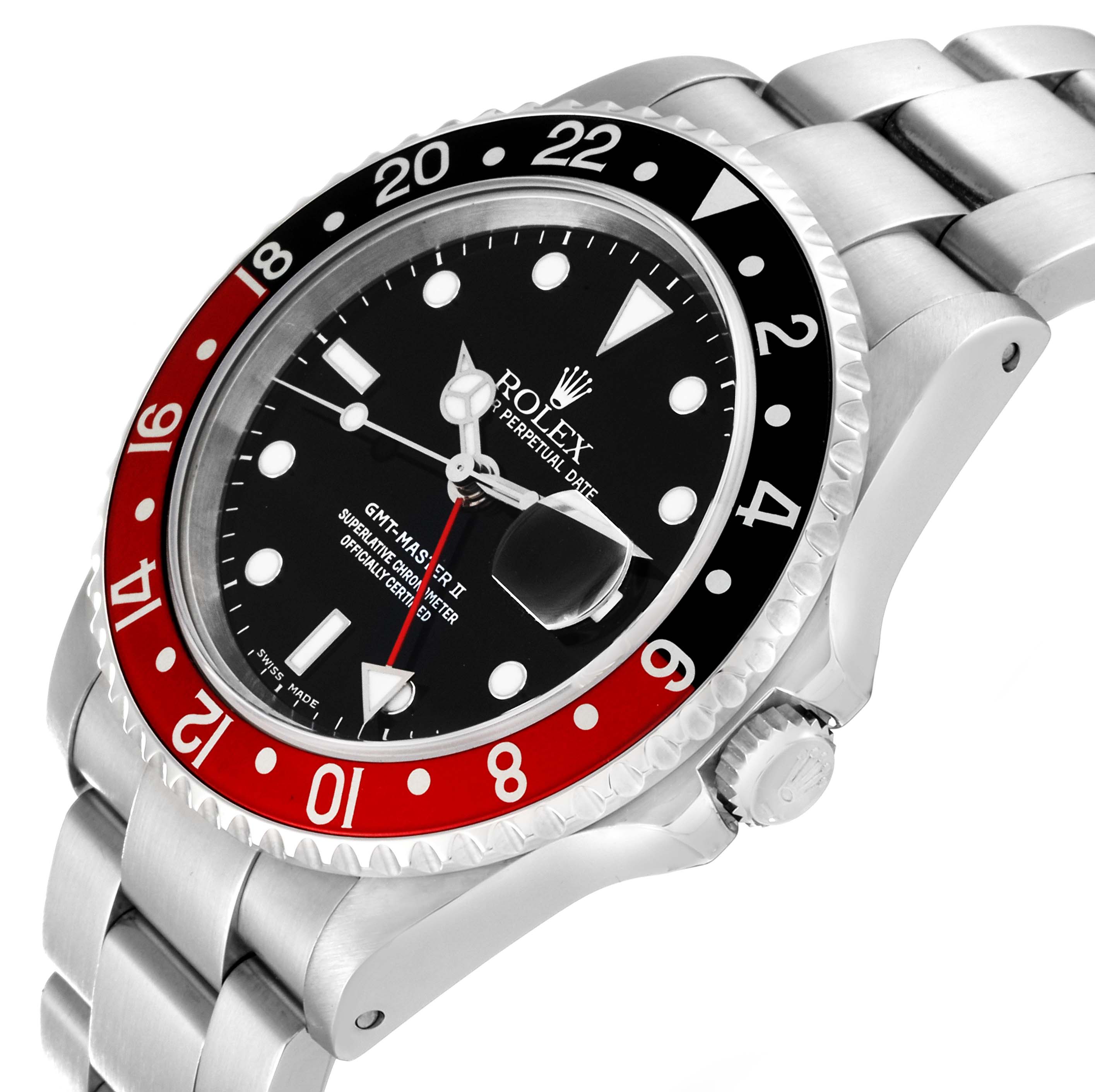 The Rolex GMT-Master 16710 Men
s Stainless Steel Black Dial 16710 Men
s Stainless Steel Black Dial watch is viewed at an angle showing the dial, bezel, crown, and part of the bracelet.