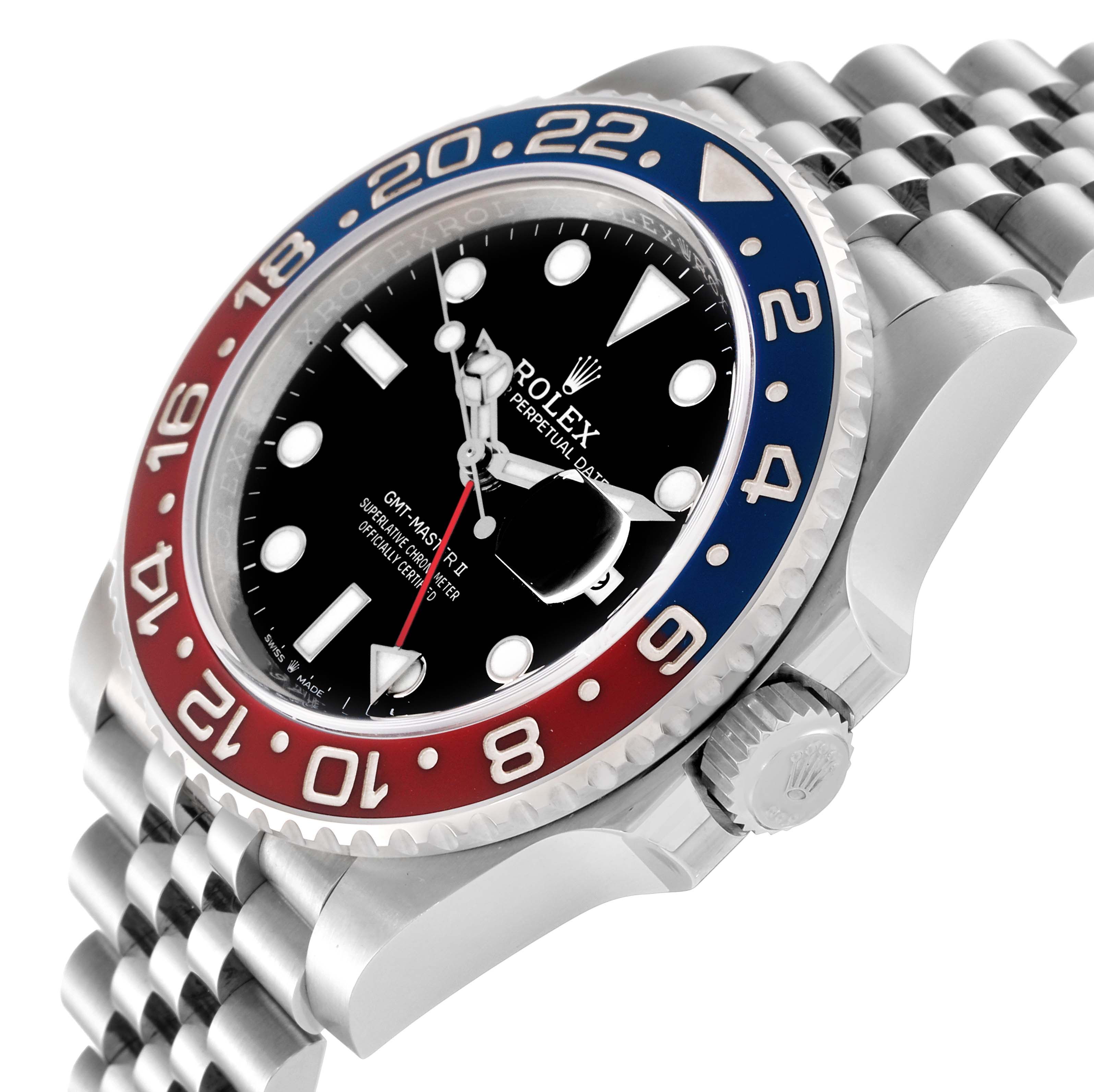 The image shows a close-up angled view of the Rolex GMT-Master 126710BLRO Men's Stainless Steel Black Dial 126710BLRO Men's Stainless Steel Black Dial watch, showcasing its bezel, dial, and crown.