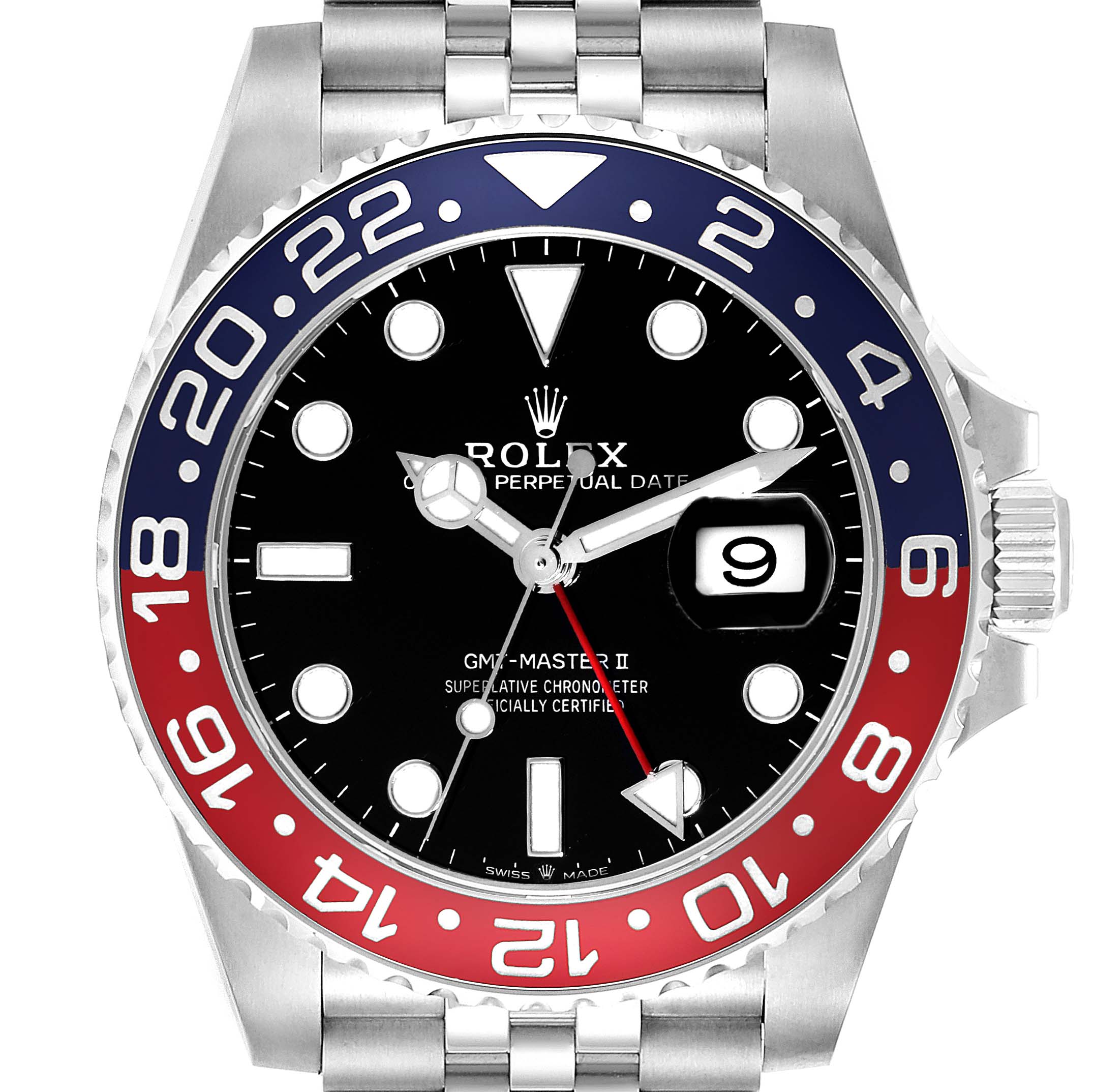 The image shows the face and bezel of a Rolex GMT-Master 126710BLRO Men's Stainless Steel Black Dial 126710BLRO Men's Stainless Steel Black Dial II watch, featuring a black dial and a red and blue bezel.