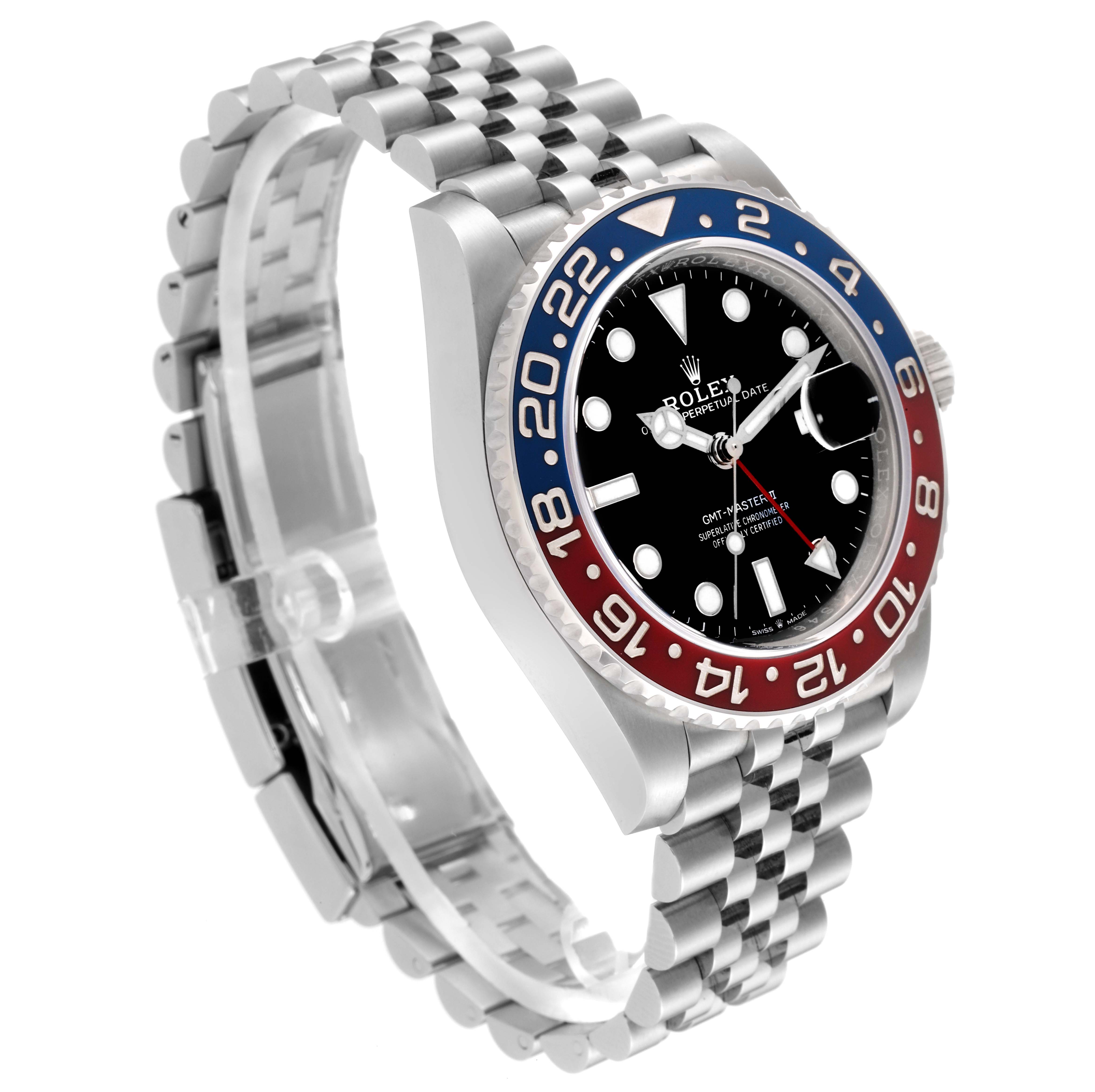 The Rolex GMT-Master 126710BLRO Men's Stainless Steel Black Dial 126710BLRO Men's Stainless Steel Black Dial watch is shown at a three-quarter angle, displaying the bezel, dial, crown, and bracelet.