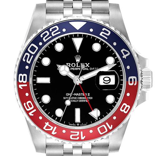 The image shows a front view of the Rolex GMT-Master II watch, highlighting the dial, bezel, and part of the metal strap.