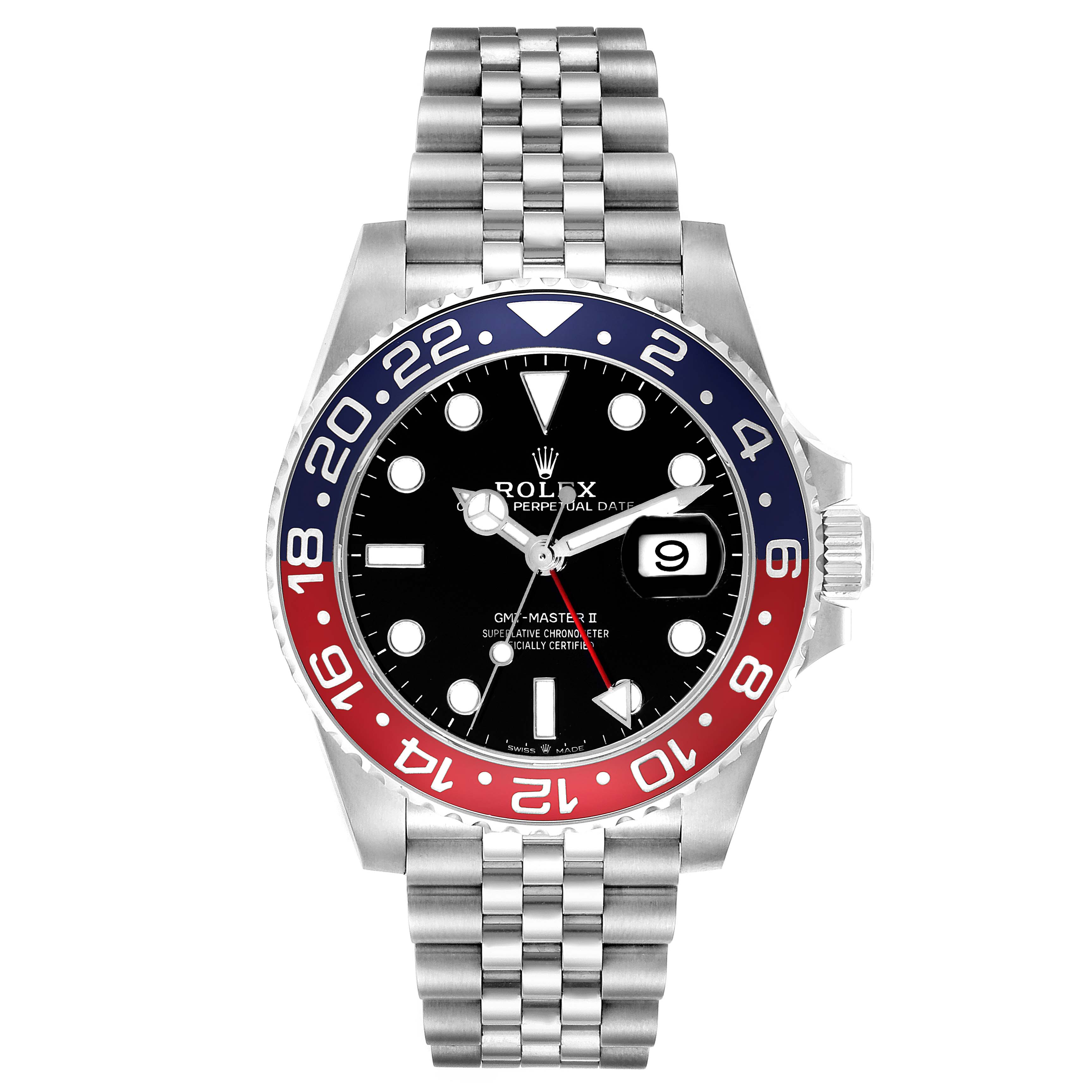 This is a front view of the Rolex GMT-Master 126710BLRO Men's Stainless Steel Black Dial 126710BLRO Men's Stainless Steel Black Dial II watch, showing the bezel, dial, hands, and bracelet.