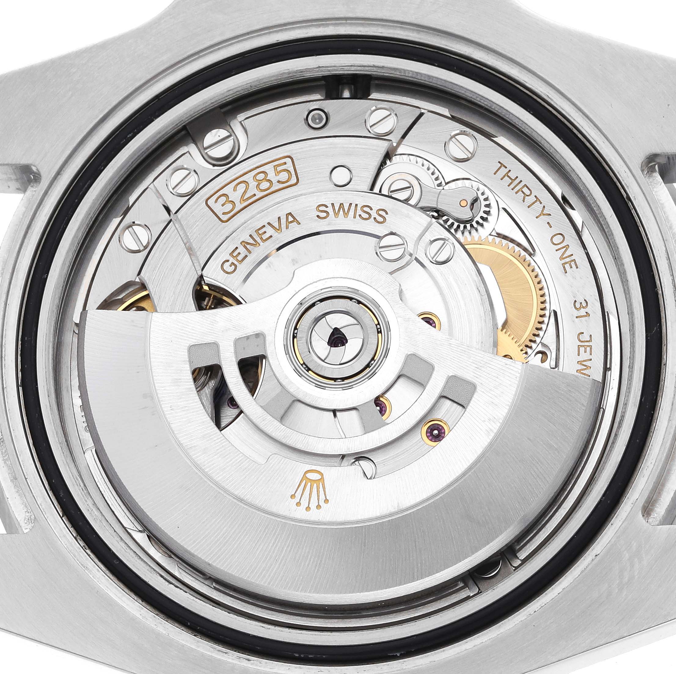 This image shows the back view of a Rolex GMT-Master 126710BLRO Men's Stainless Steel Black Dial 126710BLRO Men's Stainless Steel Black Dial watch, highlighting the 3285 movement and the internal mechanical components.