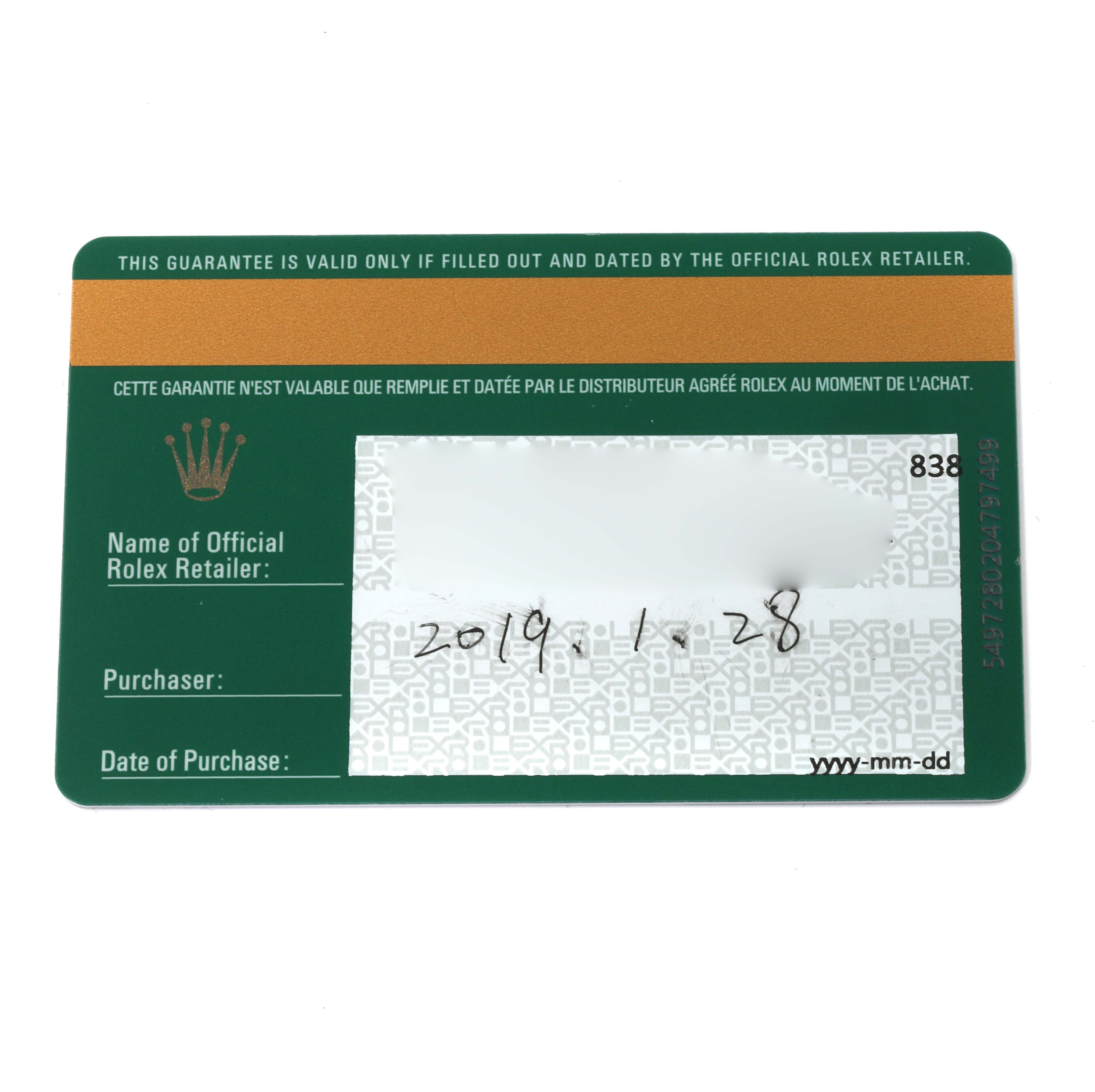 This image shows the official guarantee card for a Rolex GMT-Master 126710BLRO Men's Stainless Steel Black Dial 126710BLRO Men's Stainless Steel Black Dial watch, providing the purchase date and retailer's information.