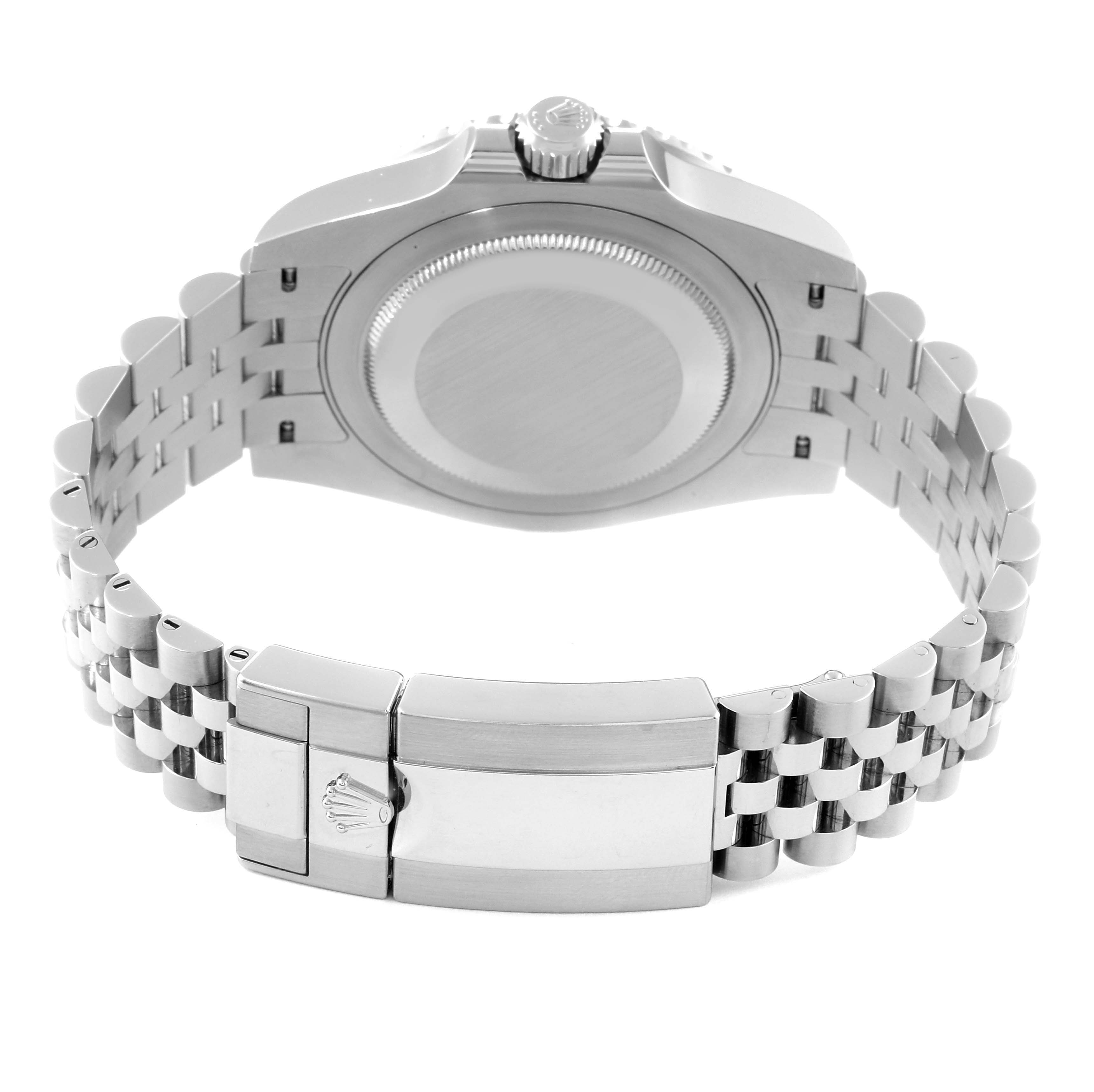 The image shows the back and bracelet of a Rolex GMT-Master 126710BLRO Men's Stainless Steel Black Dial 126710BLRO Men's Stainless Steel Black Dial watch, featuring its clasp and case back.