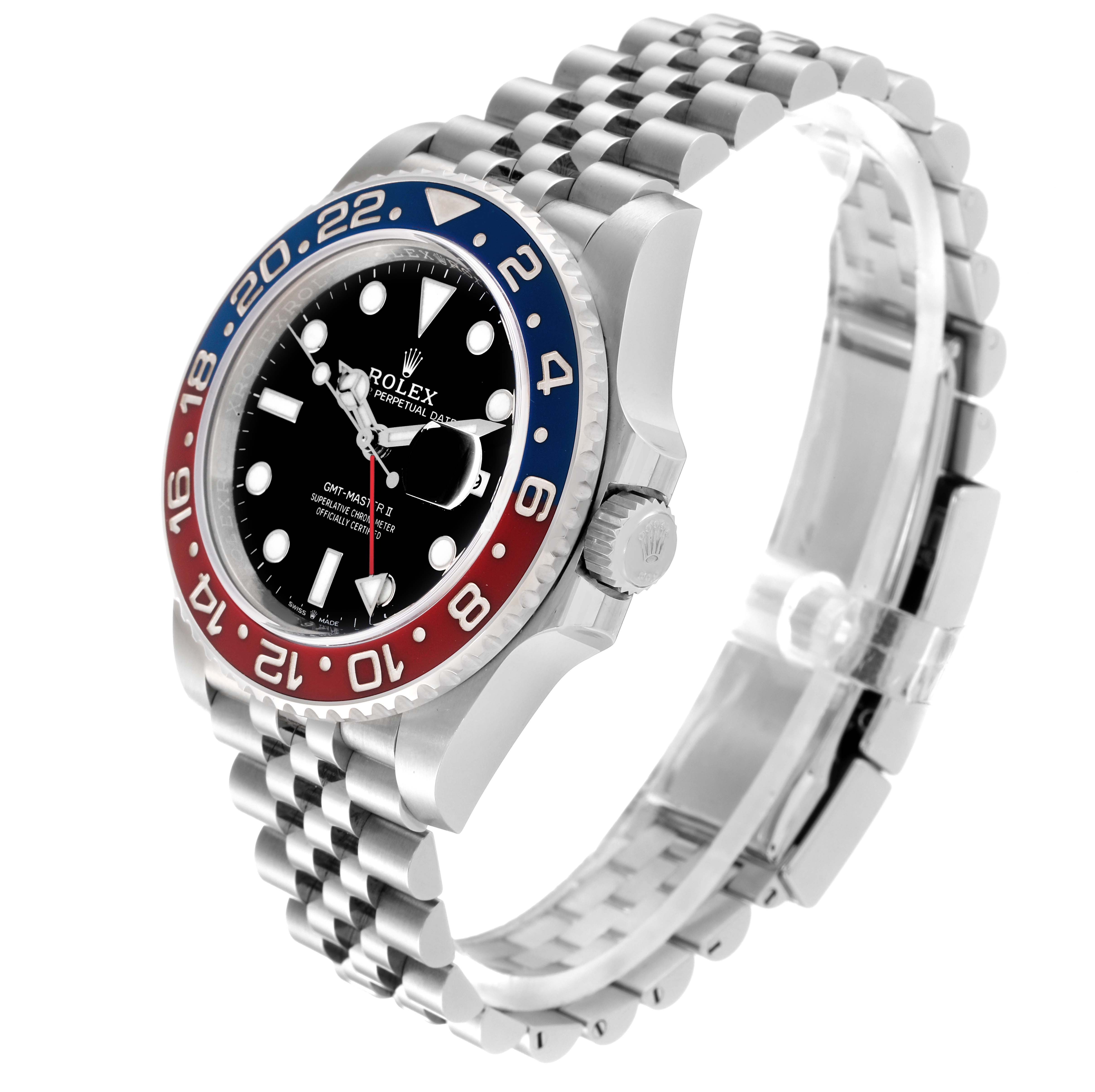 The Rolex GMT-Master 126710BLRO Men's Stainless Steel Black Dial 126710BLRO Men's Stainless Steel Black Dial watch is shown at a three-quarter angle, highlighting its bezel, dial, crown, and jubilee bracelet.