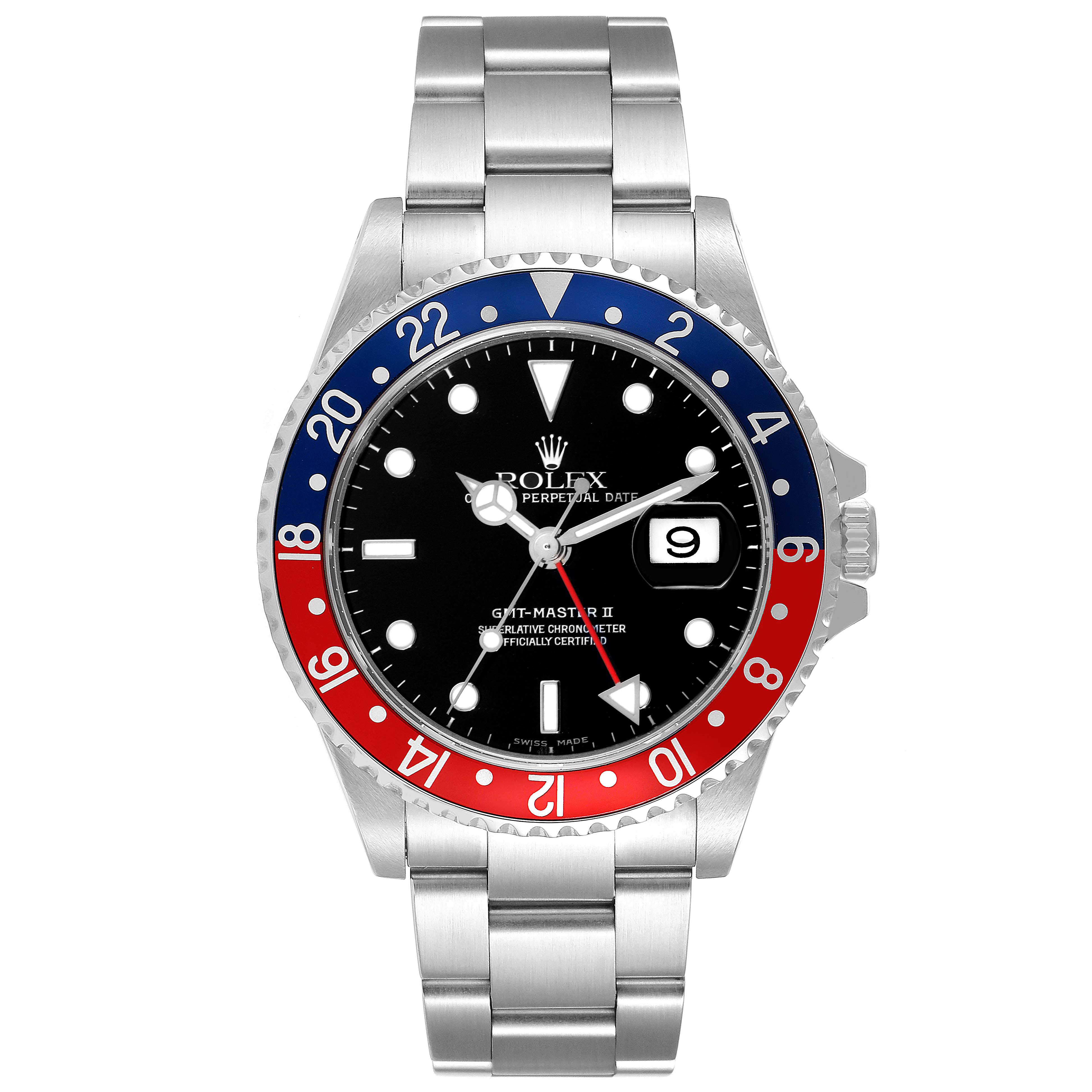 The image shows a front view of a Rolex GMT-Master 16710 Men's Stainless Steel Black Dial 16710 Men's Stainless Steel Black Dial watch displaying the dial, bezel, and bracelet.
