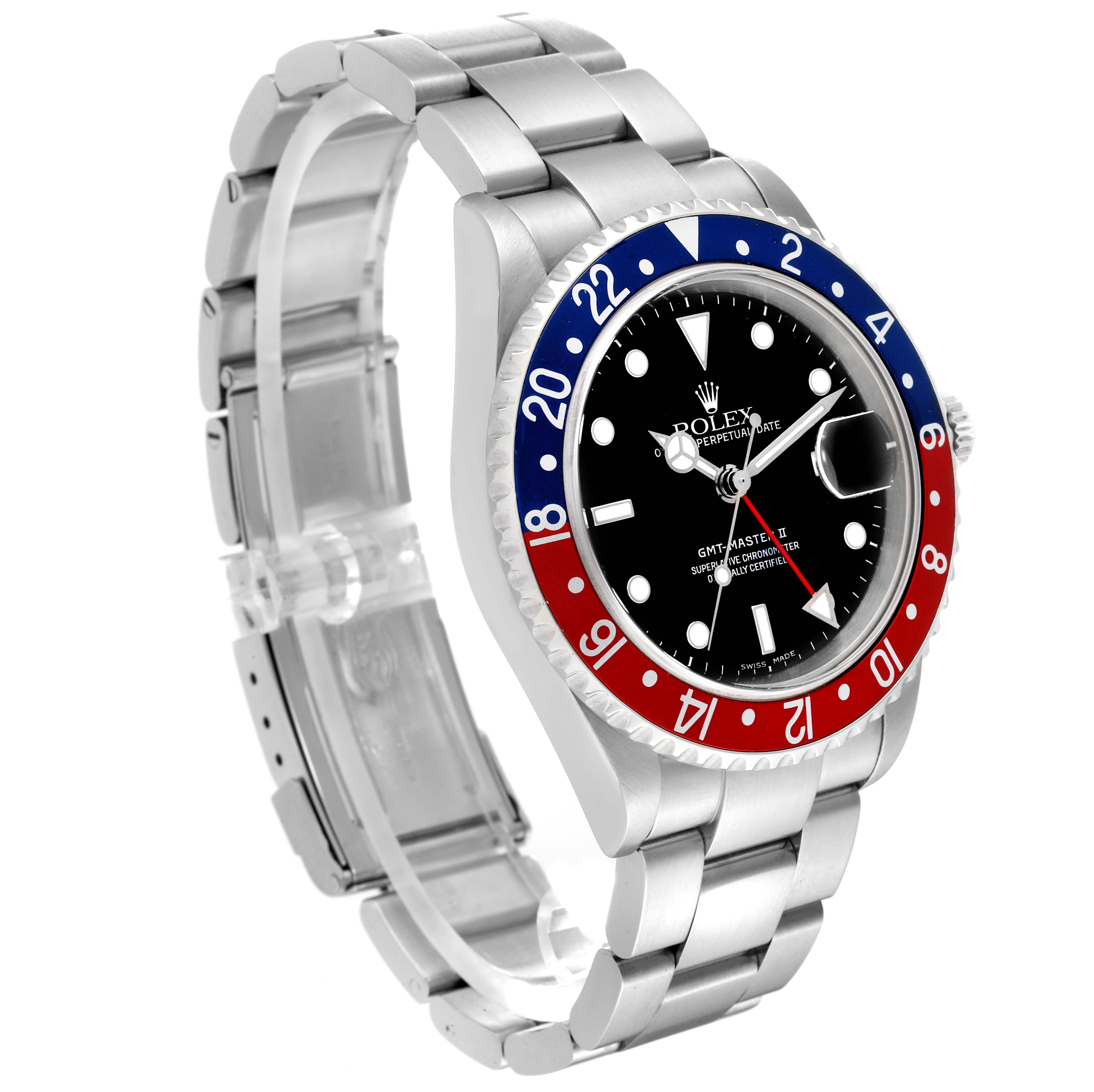 The Rolex GMT-Master 16710 Men's Stainless Steel Black Dial 16710 Men's Stainless Steel Black Dial watch is shown at a three-quarter angle, highlighting its bezel, dial, bracelet, and clasp.