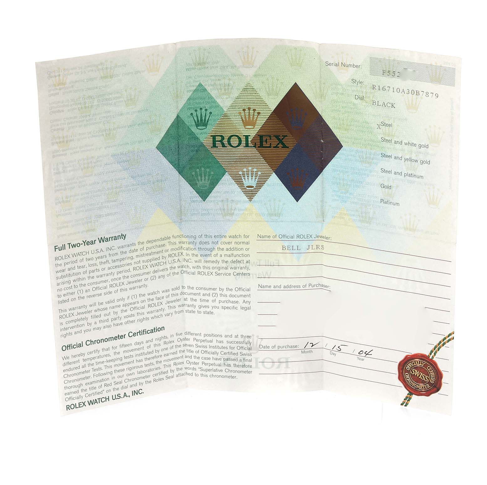 This image shows the warranty certificate and chronometer certification for a Rolex GMT-Master 16710 Men's Stainless Steel Black Dial 16710 Men's Stainless Steel Black Dial watch.