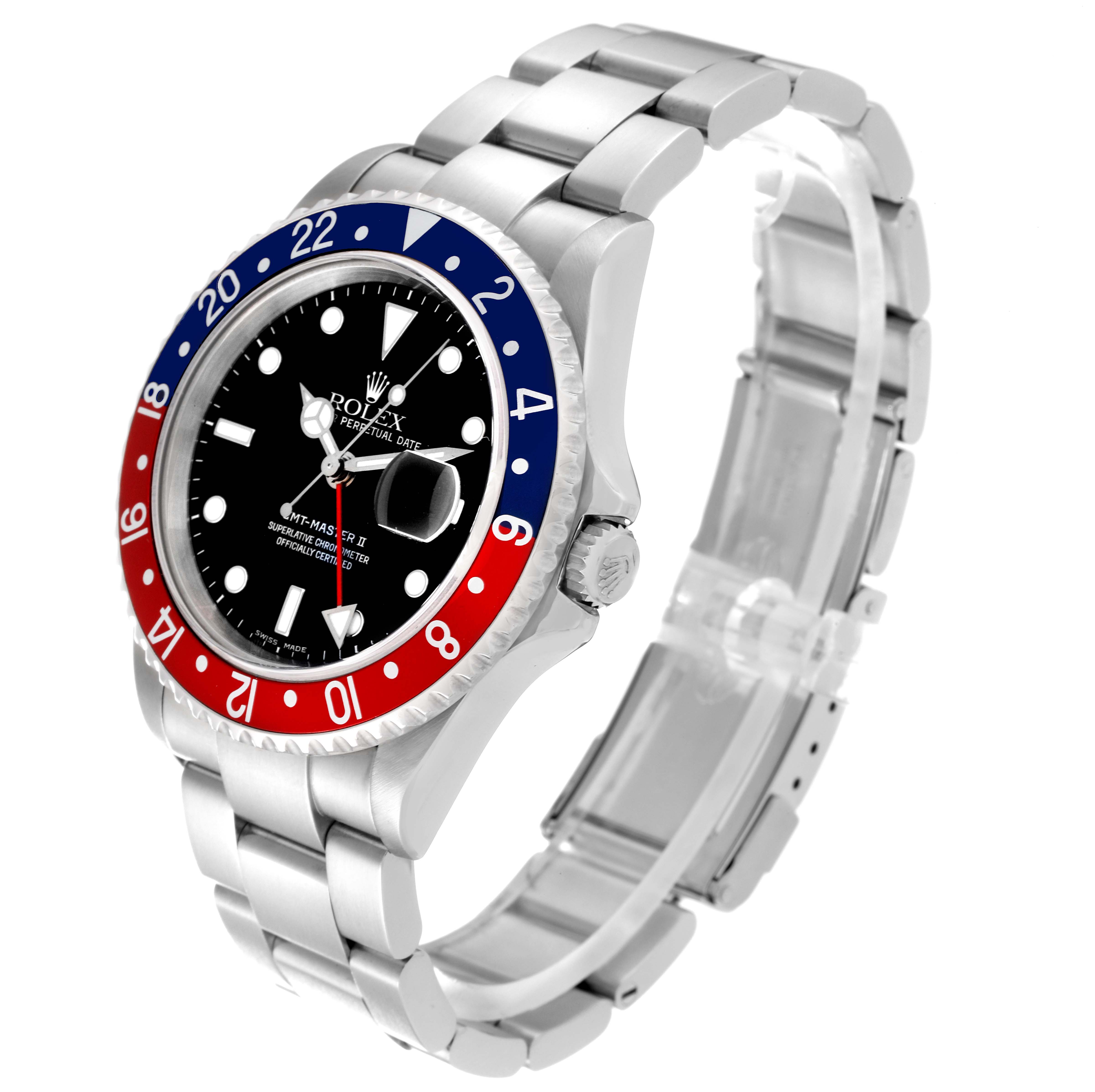 The image shows a Rolex GMT-Master 16710 Men's Stainless Steel Black Dial 16710 Men's Stainless Steel Black Dial watch at a three-quarter angle, highlighting the bezel, dial, crown, and bracelet.