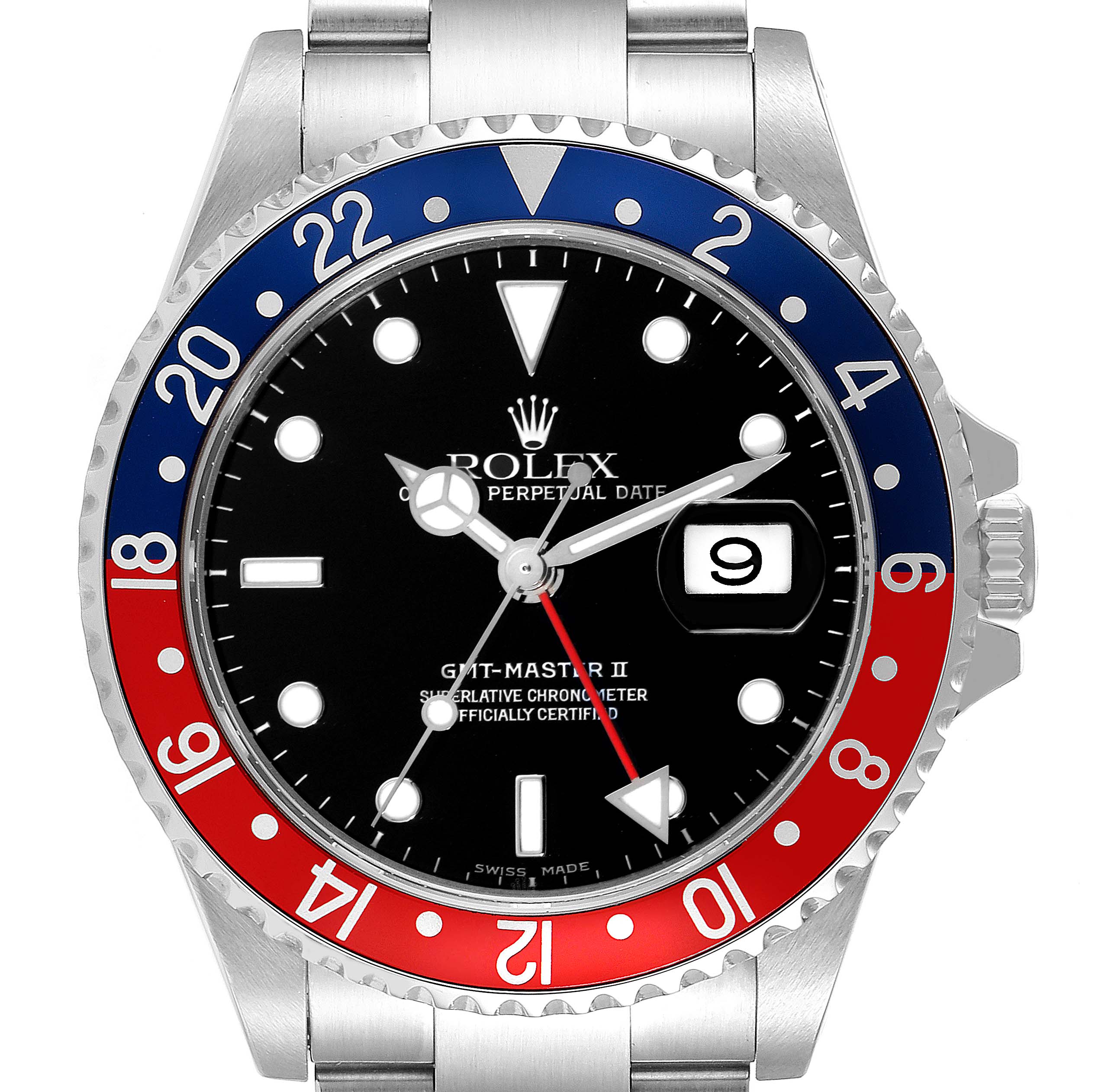 This image shows a frontal view of the Rolex GMT-Master 16710 Men's Stainless Steel Black Dial 16710 Men's Stainless Steel Black Dial II watch, displaying the dial, bezel, and part of the bracelet.