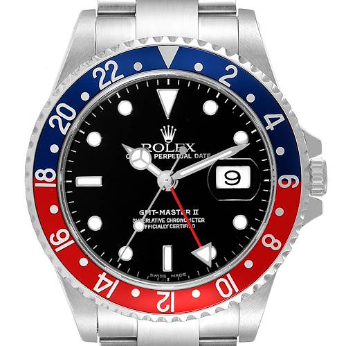 The image shows a front view of a Rolex GMT-Master II watch, highlighting its dial, bezel, and date window.