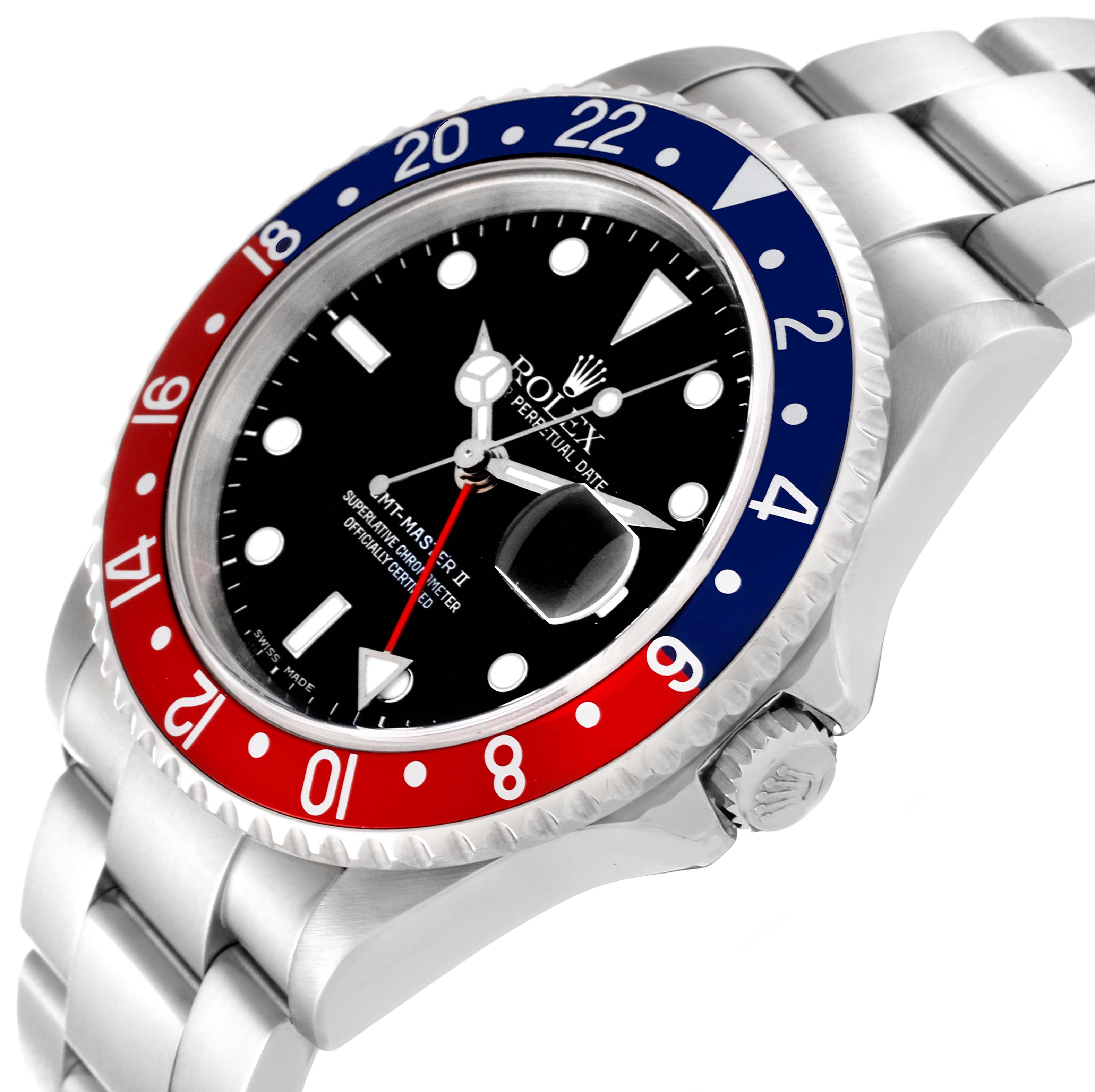This Rolex GMT-Master 16710 Men's Stainless Steel Black Dial 16710 Men's Stainless Steel Black Dial watch is shown at an angle, highlighting its bezel, dial, crown, and bracelet.