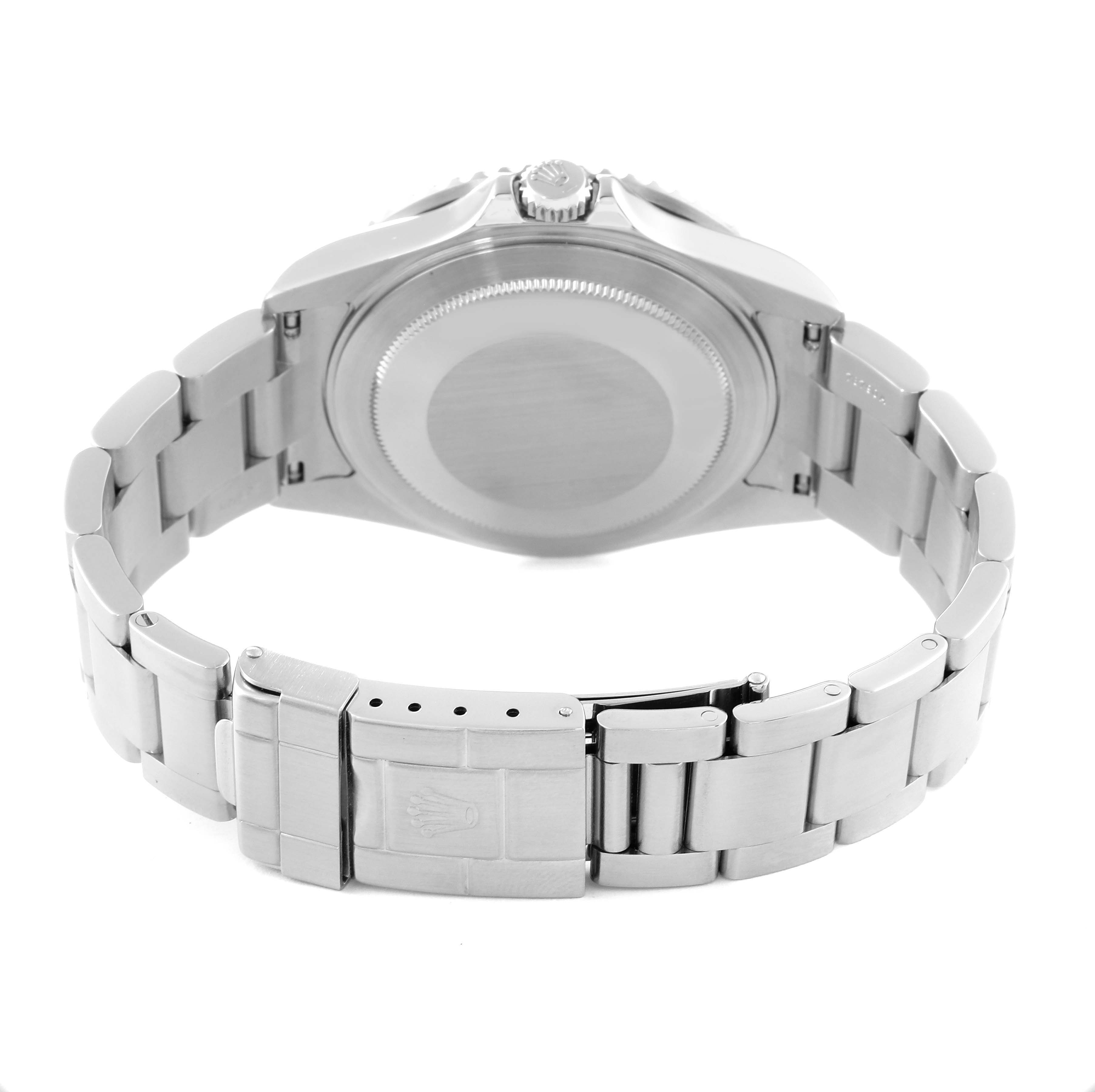 The image shows the backside and bracelet of a Rolex GMT-Master 16710 Men's Stainless Steel Black Dial 16710 Men's Stainless Steel Black Dial watch from a rear angle.