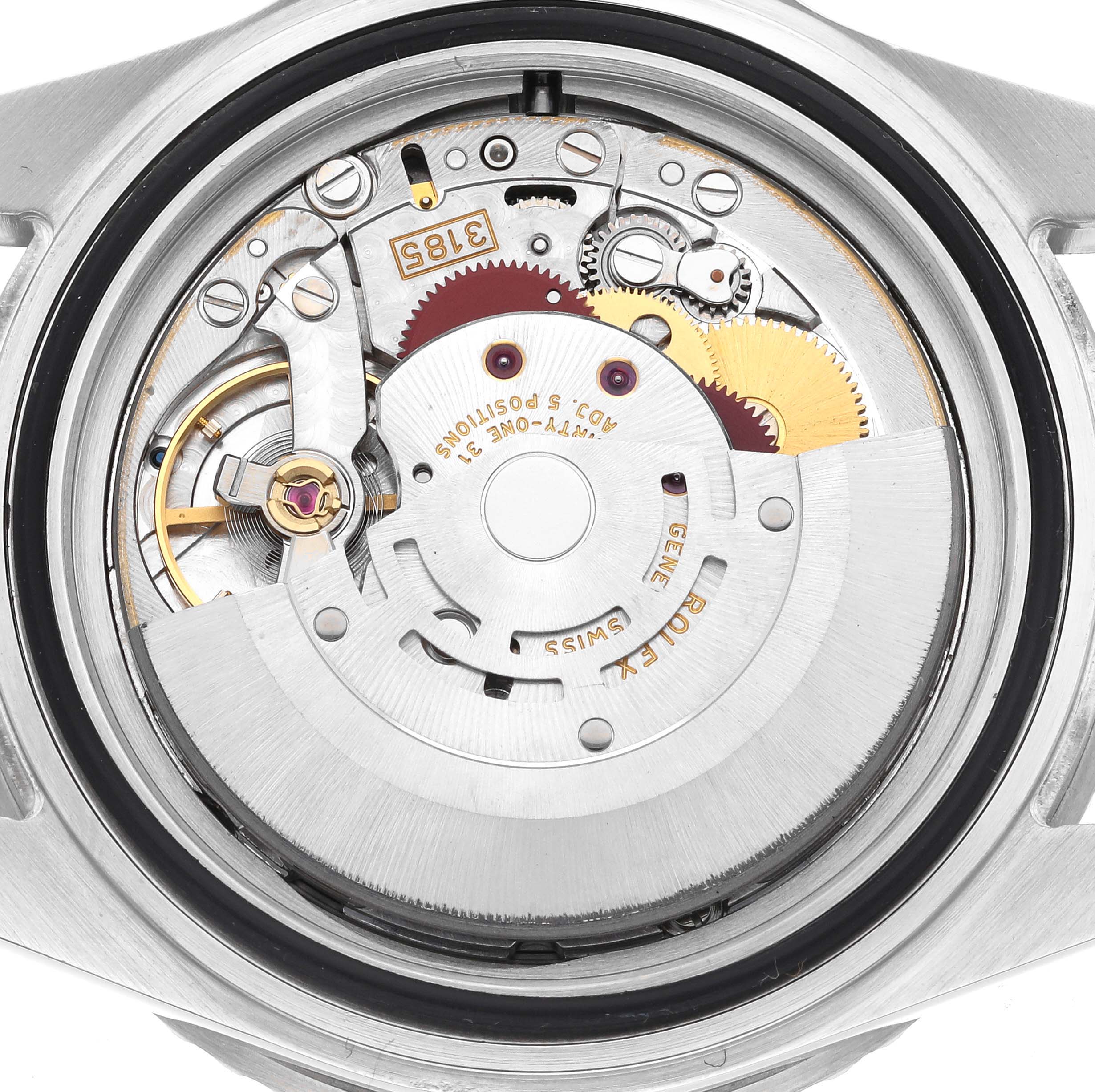 This is a close-up of the movement mechanism inside a Rolex GMT-Master 16710 Men's Stainless Steel Black Dial 16710 Men's Stainless Steel Black Dial watch, showing gears and precision components.